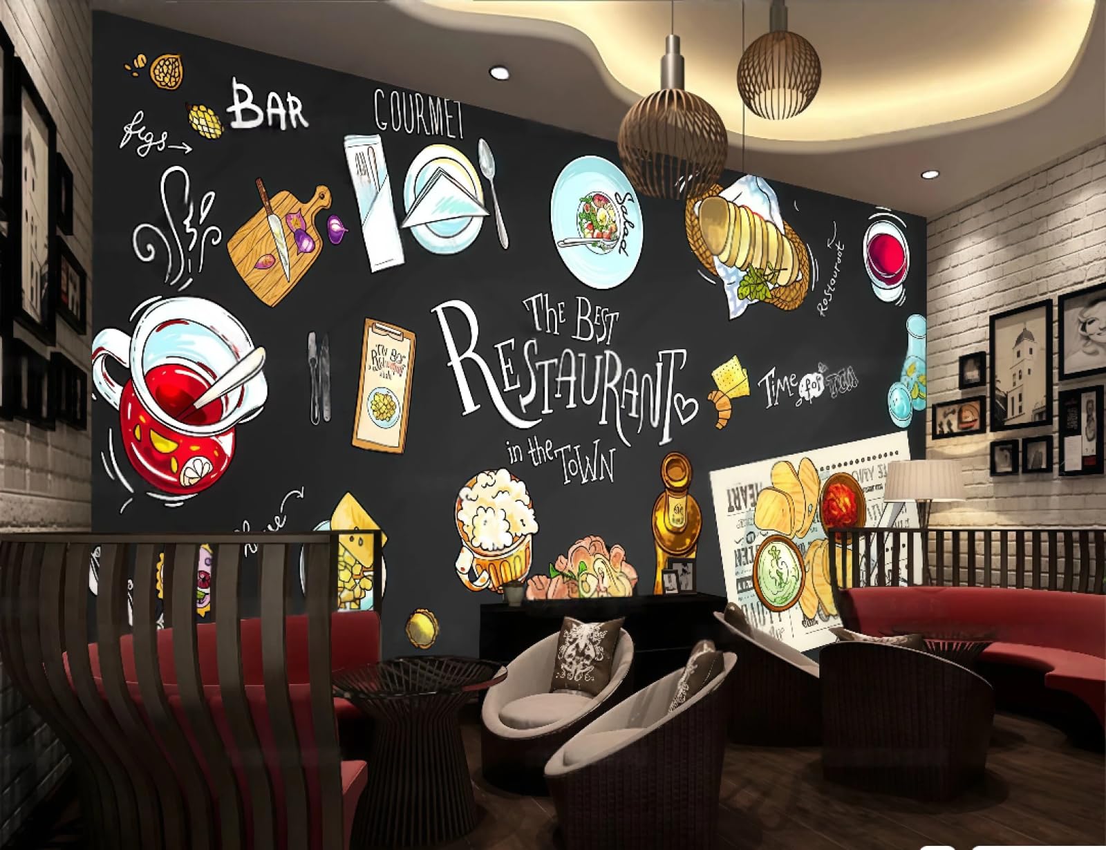 rskjdghshd Wallpaper Blackboard Hand-Painted Steak Restaurant Bread Afternoon Tea Dessert Cake Shop Background Wall Western Restaurant Wallpaper Cafe Mural,3D,300x210cm