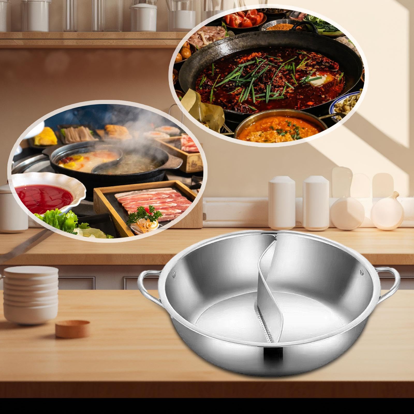 Bothyi Stainless Steel Pot,with Divider,Shabu Shabu Pot Easy to Clean Divided Hotpot for Party Restaurant Household Family Gathering, 34cm