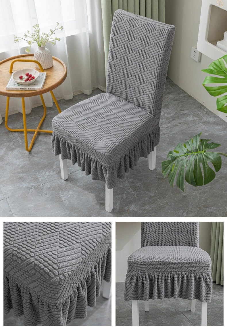 Stretch Parson Jacquard Seat Covers, Dining Room Chair Cover Set of 2, Integrated Dining Chair Cover, Kitchen Chair Covers Slipcover Protector, Fitted Furniture Covers,Grey 3