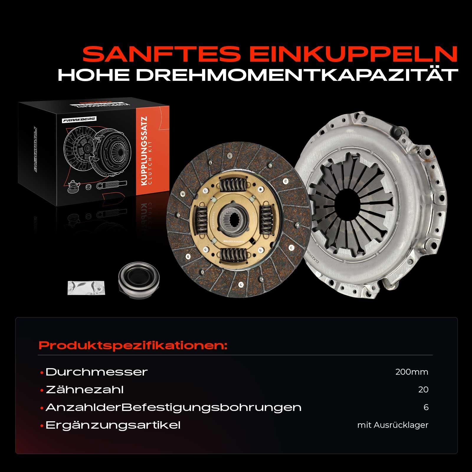 Frankberg Kupplungssatz 20 Zähne mit Ausrücklager und Synthetischem Fett Kompatibel mit Rio Schrägheck DC 1.3L 1.5L 2000-2005 Shuma FB 1.5L 1997-2001 Replace# 0K2A116510