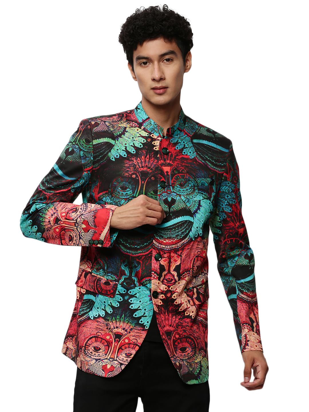 showoffff Men's Mandarin Collar Printed Multi Bandhgala Blazer-SOBLZ-083-7_Multi-picture-14