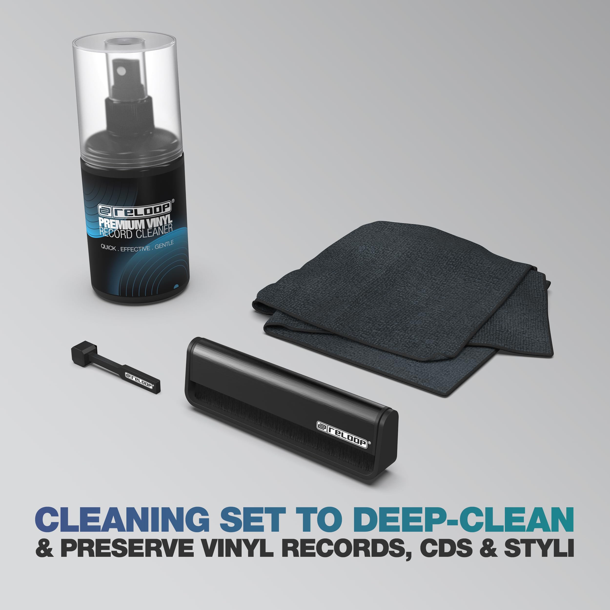 Reloop Premium Vinyl & Stylus Cleaning Set - Kit de Nettoyage Premium 4-en-1 pour Vinyles, CD et Cellules, avec Brosse en Fibre de Carbone et Spray 200 ML