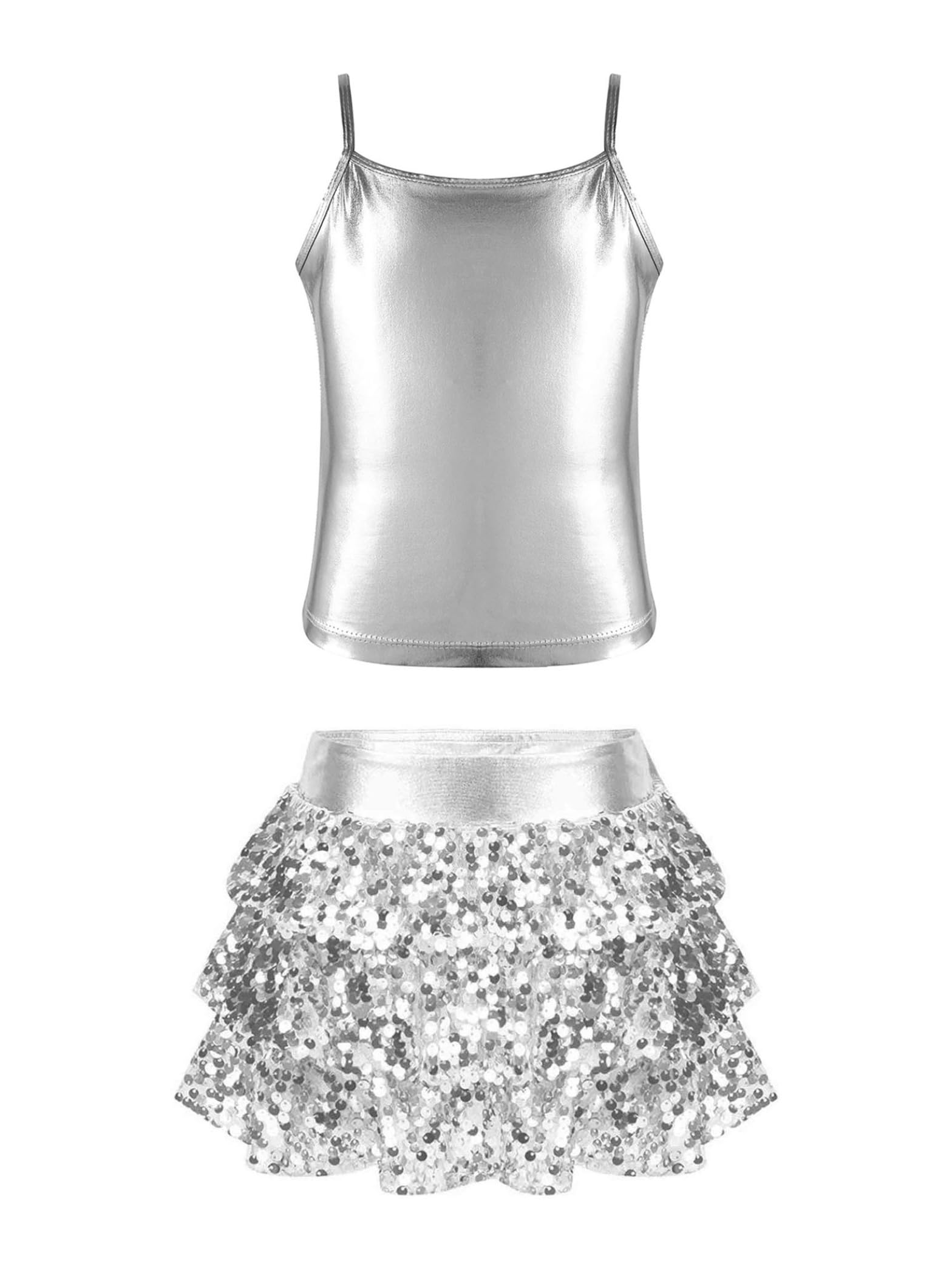 Xnihocha Kids Girls Shiny Sequins Jazz Latin Modern Dancing Costumes Cami Crop Tops and Skirted Shorts