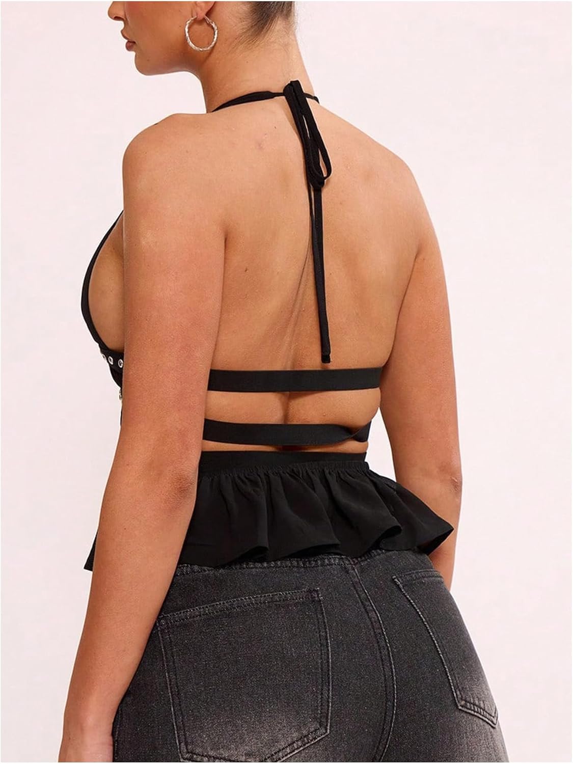 Floerns Women's Y2k Deep V Neck Halter Top Cut Out Tie Backless Peplum Going Out Tank Tops - Image 3