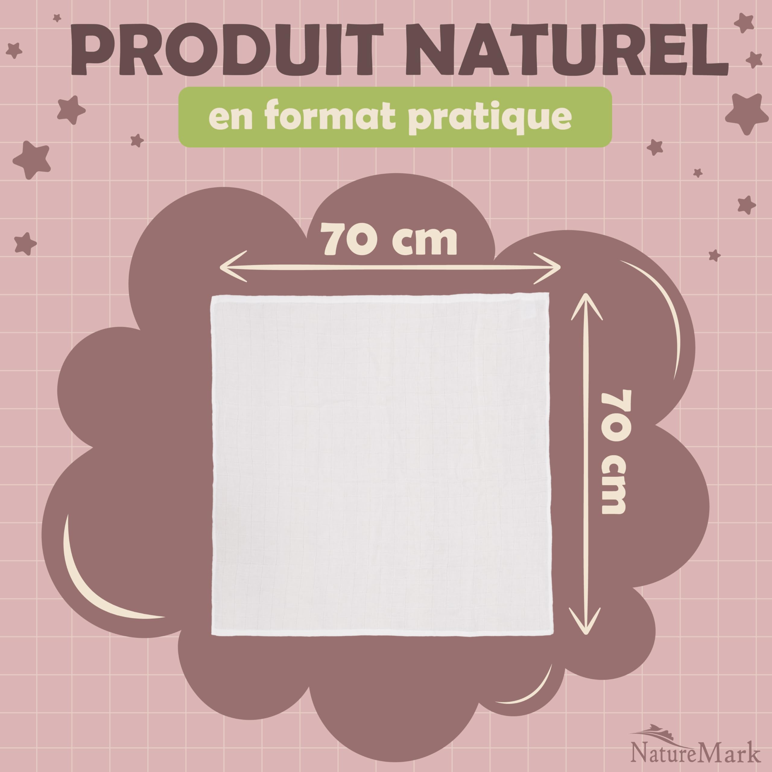 NatureMark Lot de 10 Linges en Mousseline pour Bébé – 100% Coton – Tissus Doux et Absorbants pour Allaitement & Soin du Bébé, Couches, Langes & Gants de Toilette – 70x70 cm, Blanc