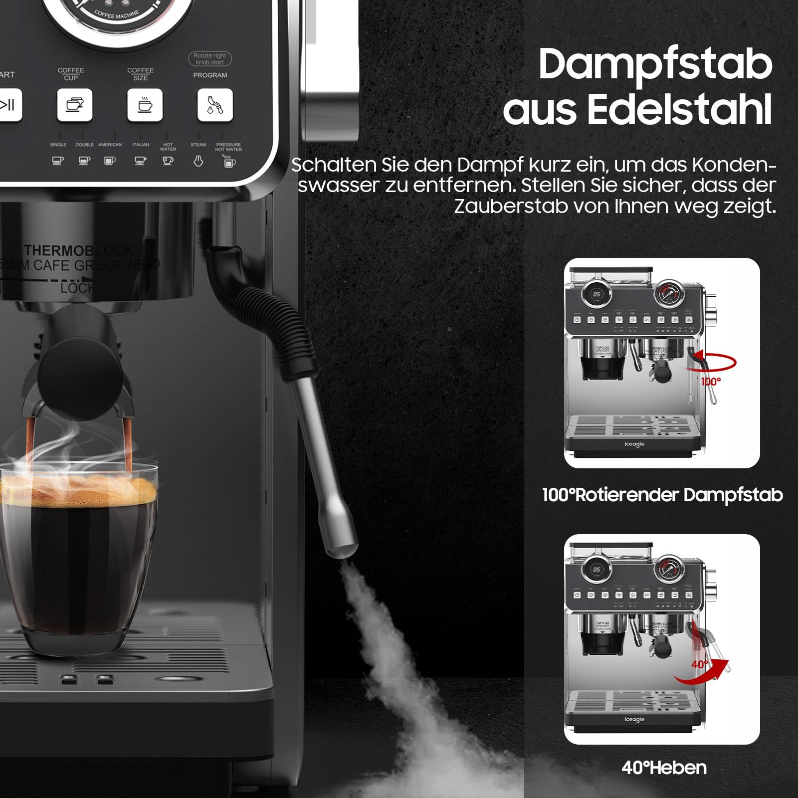 iceagle Macchina per caffè espresso EM653, 2200 W, con ugello professionale per schiumalatte, macchina da caffè con 2 sistemi di riscaldamento, pompa a pressione da 20 bar, 2,7 litri