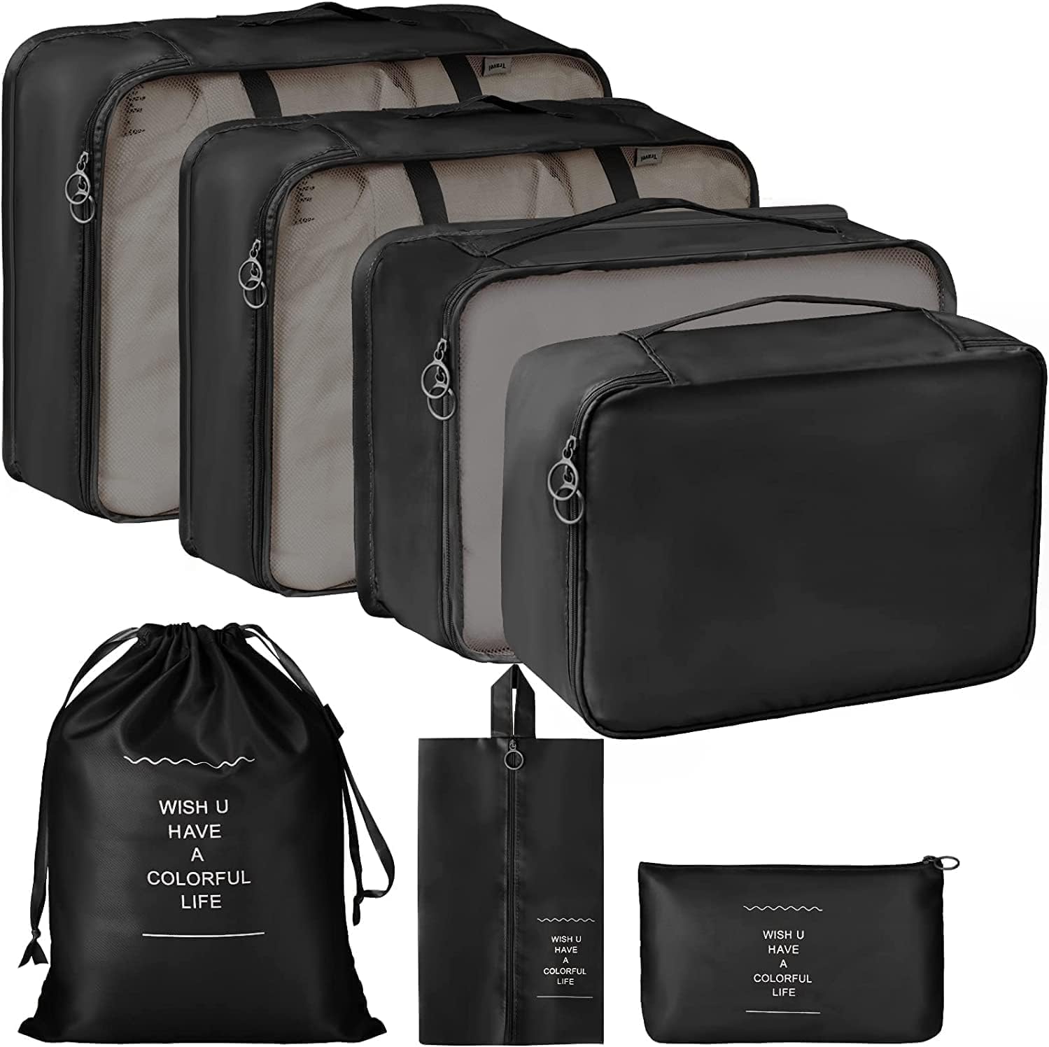 Fennec Mart Travel Organizer Bag Set Packing Cubes with Shoe Bag, Printed Storage Bags for Clothes, Makeup, Underwear, Socks, and Toiletries (7 Pcs Black)-image-33