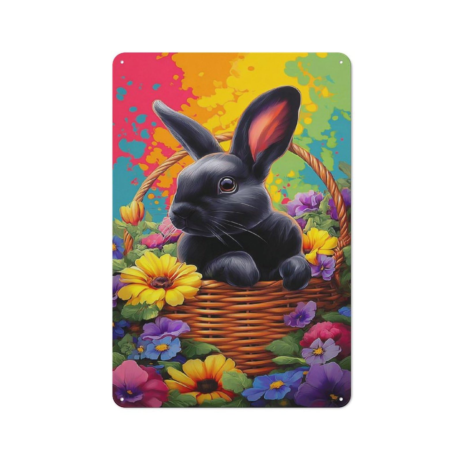 Junmoney Colorful Bunny Basket Rustic Metal Plaque 30X20cm For Hobby Room Or Studio, For Vintage Wall Decor Fans, For Garage And Workshop Walls
