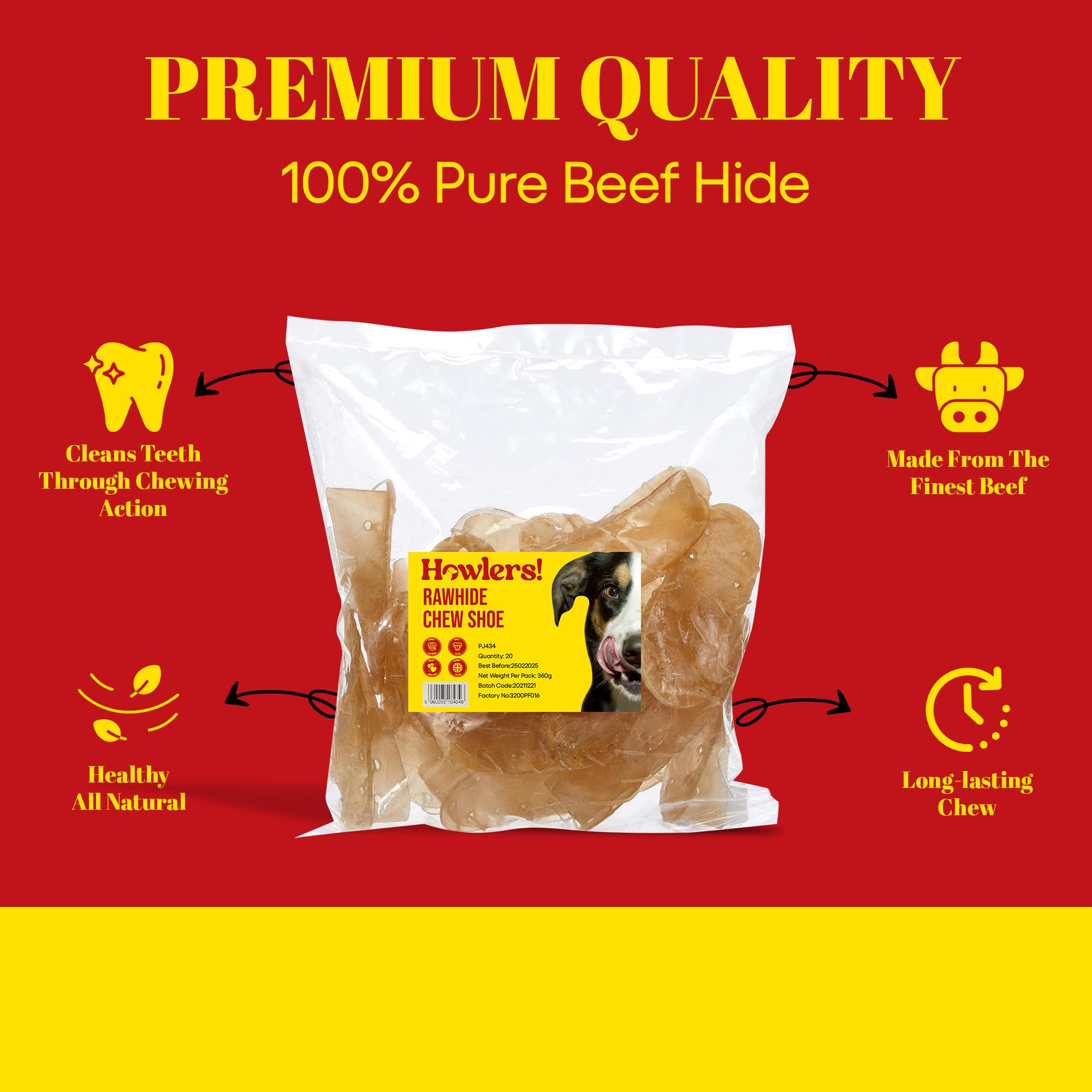 HOWLERS 12.5cm Pack de 20 Zapatos Masticables Naturales para Perros | Zapatos de Rawhide Hechos con 100% Piel Natural | Masticables de Larga Duración para Perros