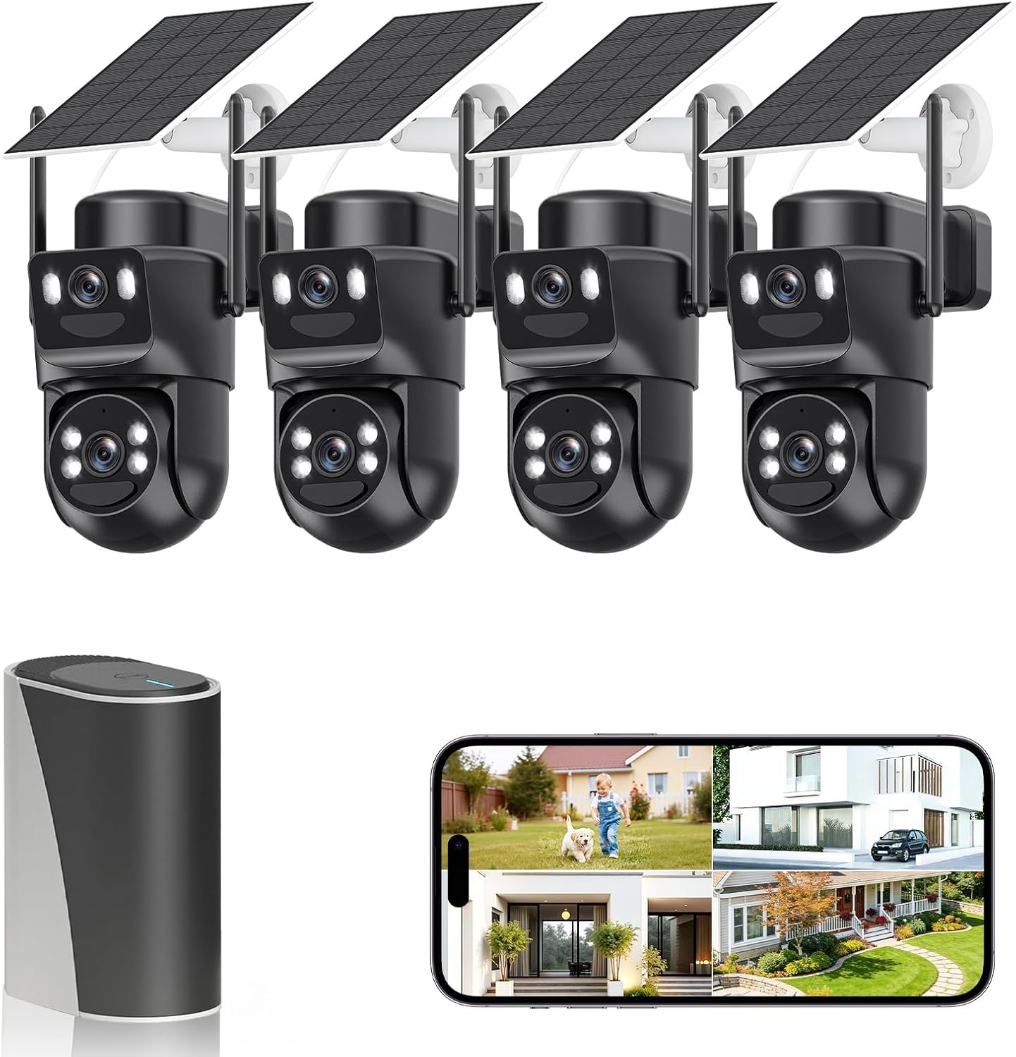 4K Solar Security Cameras Wireless Outdoor with Dual Lens, 4 Cam Kit, No Subscription Fee, Home Security System with Color Night Vision, Auto Tracking, Motion Detection