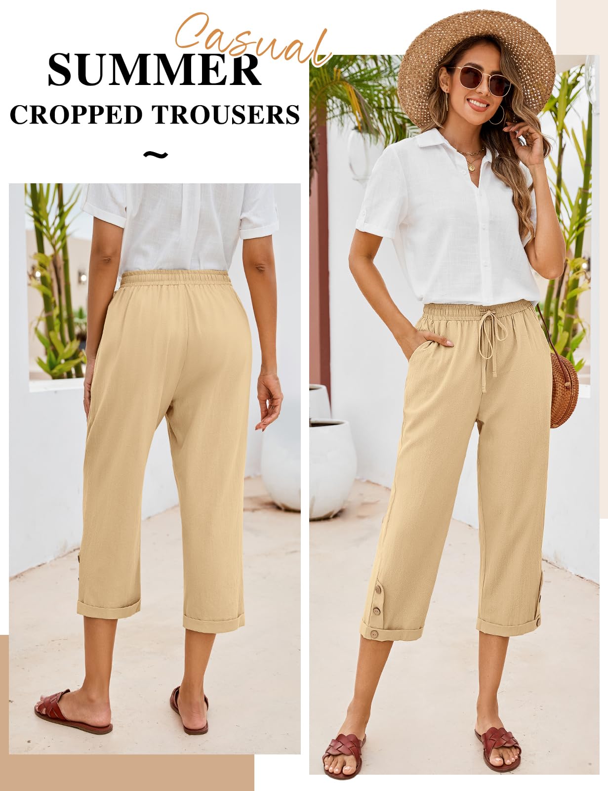 CMTOP Pantalones Mujer Verano Algodón 7/8 Pantalon Cintura Elástico Casual Pantalones Anchos Suelto Cómodos Flojo Playa Pantalón Pirata con Bolsillos