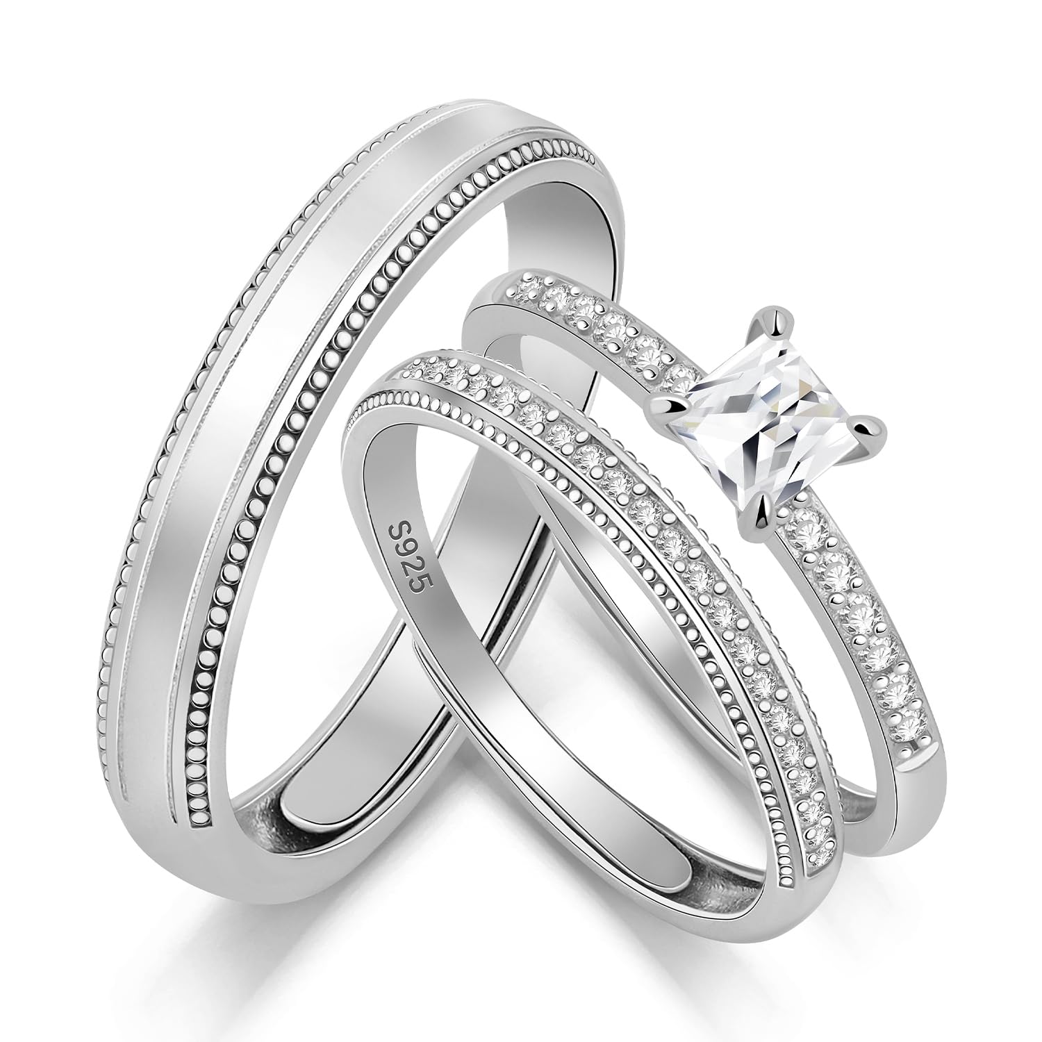 Meissa Set de 3 Anillos de Compromiso Alianzas de Plata Pareja de Ley 925 Zircón Corte Princesa Anillos Ajustables para Pareja Anchos