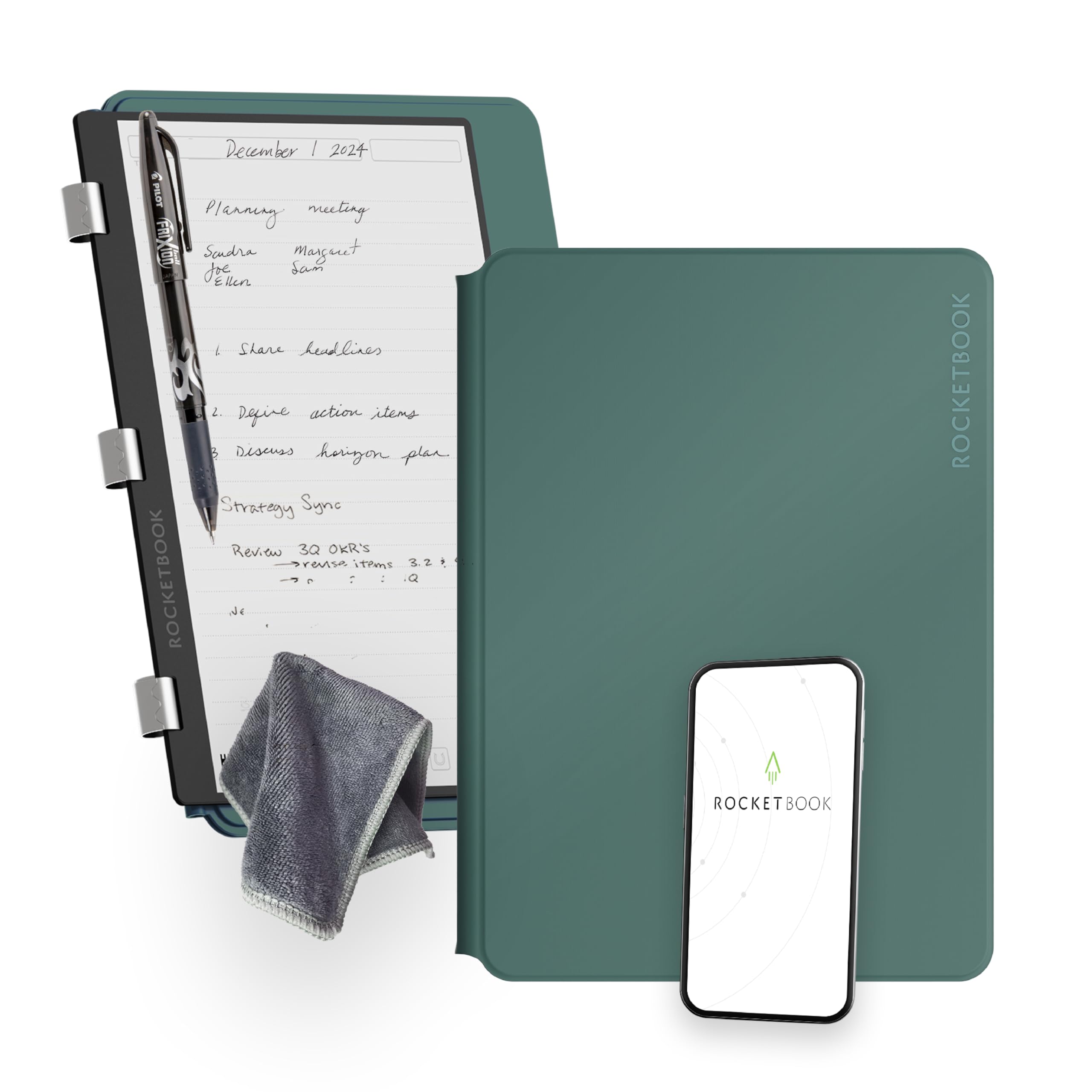 PRO 2.0 Reusable Digital Notebook - Smart Notepad A4 Green, Wirebound Note Book To Do List Pad, Dotted and Lined Paper with Frixion Erasable Pen and Wipe, Office Gadget with Rocketbook App