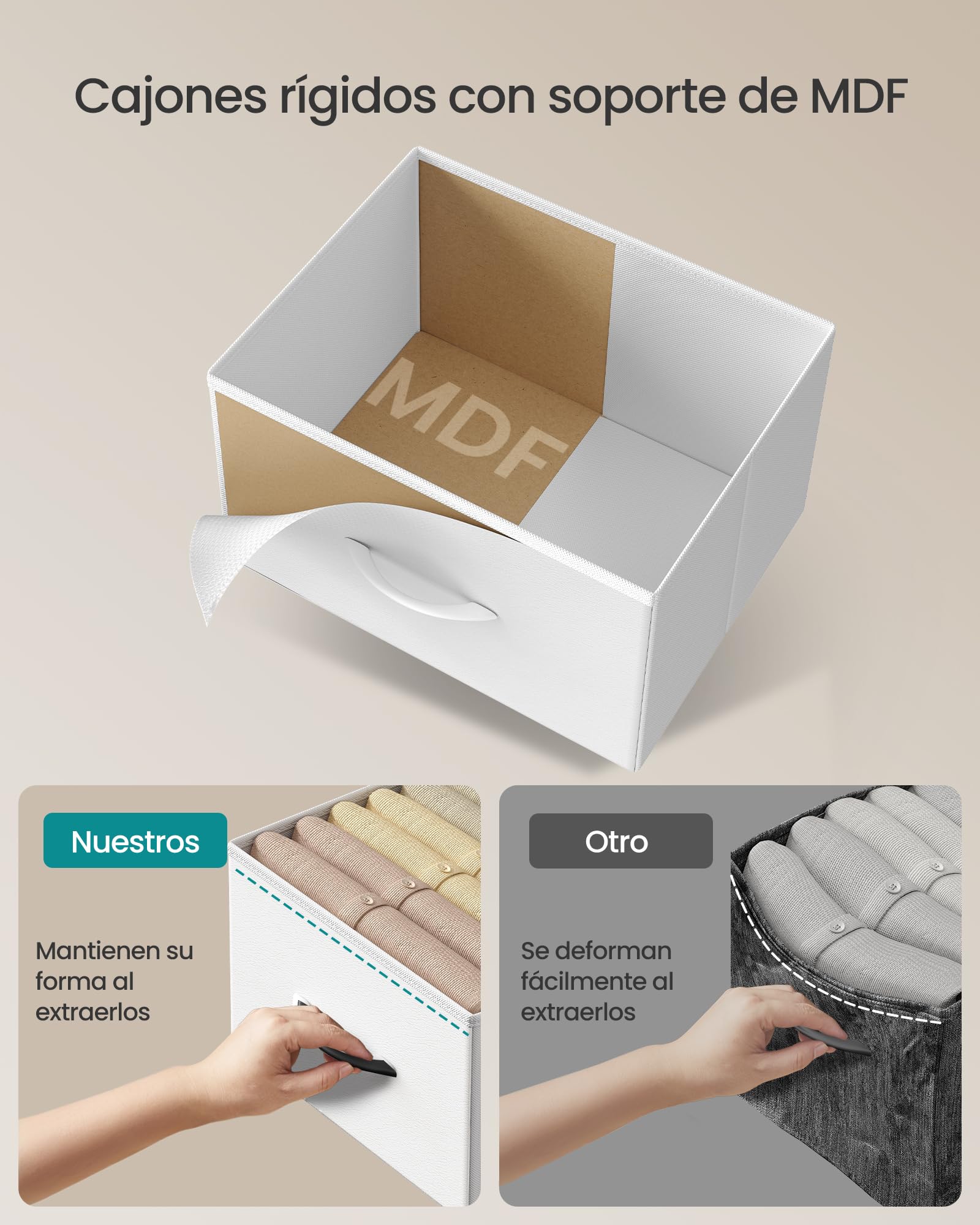 SONGMICS BELLAH Colección - Cómoda, con 5 Cajones para Dormitorio, Mueble de Almacenaje, Acero, MDF, Tela no Tejida, para Dormitorio, Armario, Recibidor y Salón, Blanco Nube y Blanco Nieve LGS322WH01