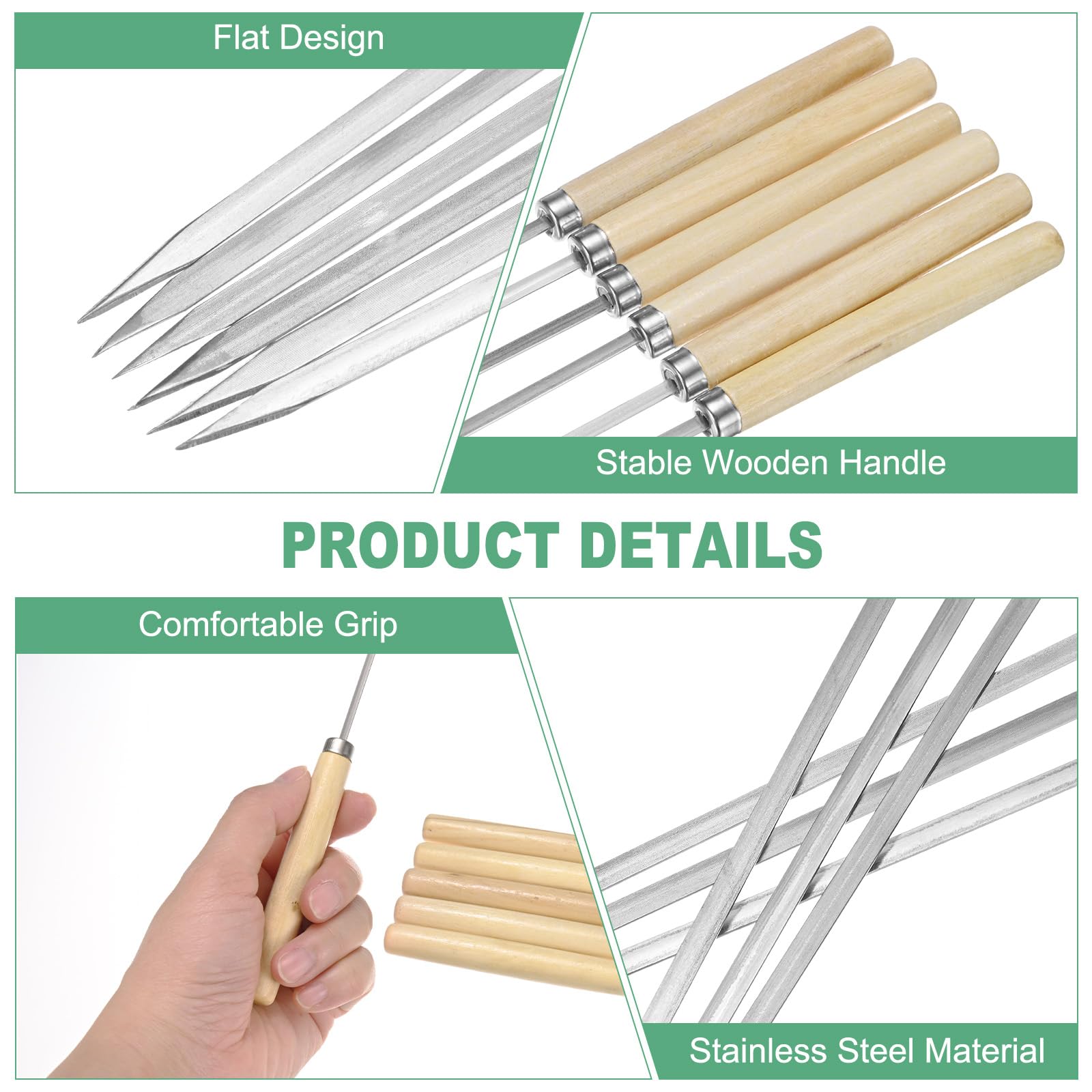 M METERXITY 50-Pack Metal Kabob Skewers with Wood Handle, 13.8 Inch Flat Stainless Steel Barbecue BBQ Skewers for Grilling for Party/Outdoor [0.14 Inch Width]