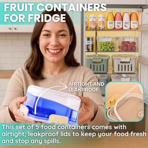 Miniatura 8 de Paquete de 5 recipientes de frutas para refrigerador que se mantienen frescos, recipientes herméticos para alimentos con tapas, protector de