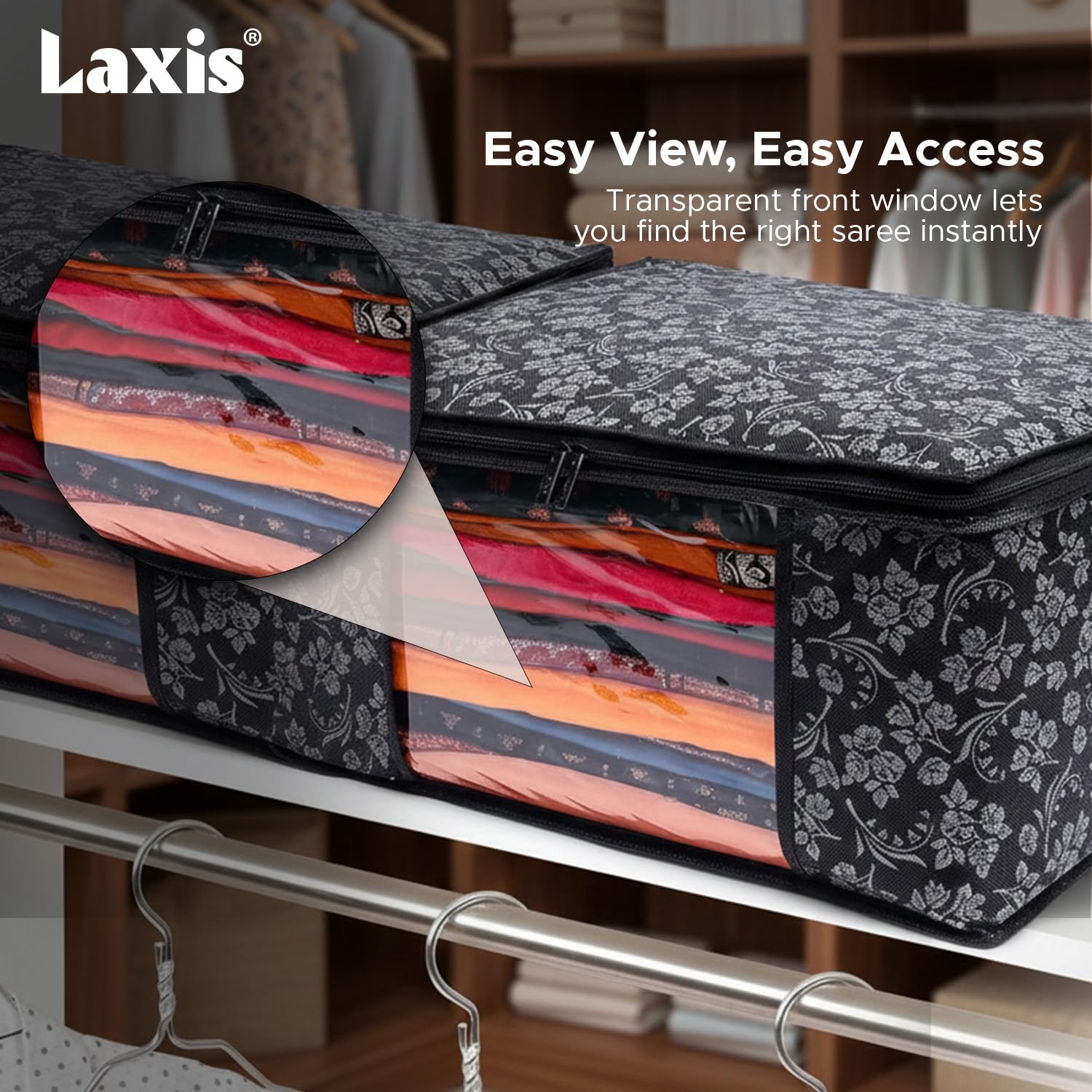 LAXIS® Saree Covers With Zip Non-Woven Printed Saree Cover/Saree Organizer For Wardrobe/Cloth Storage With Transparent Window/Saree Bags Storage/Clothes Organizer (Black- Pack of 3) 2