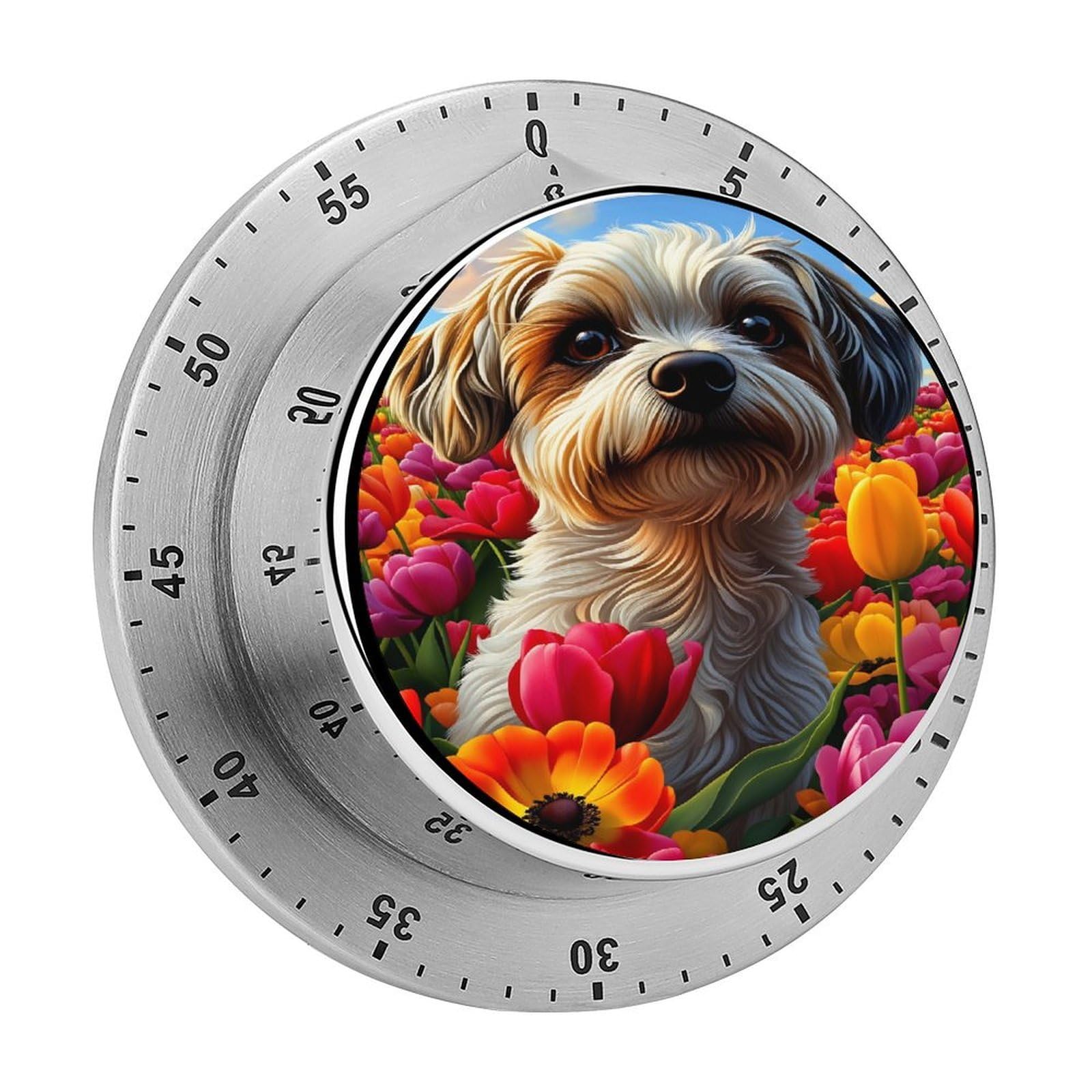Shih Tzu Dog in Tulip Flower 60 Minute Wind Up Timer,Visual Mechanical Magnetic Timer with Loud Alarm for Kitchen