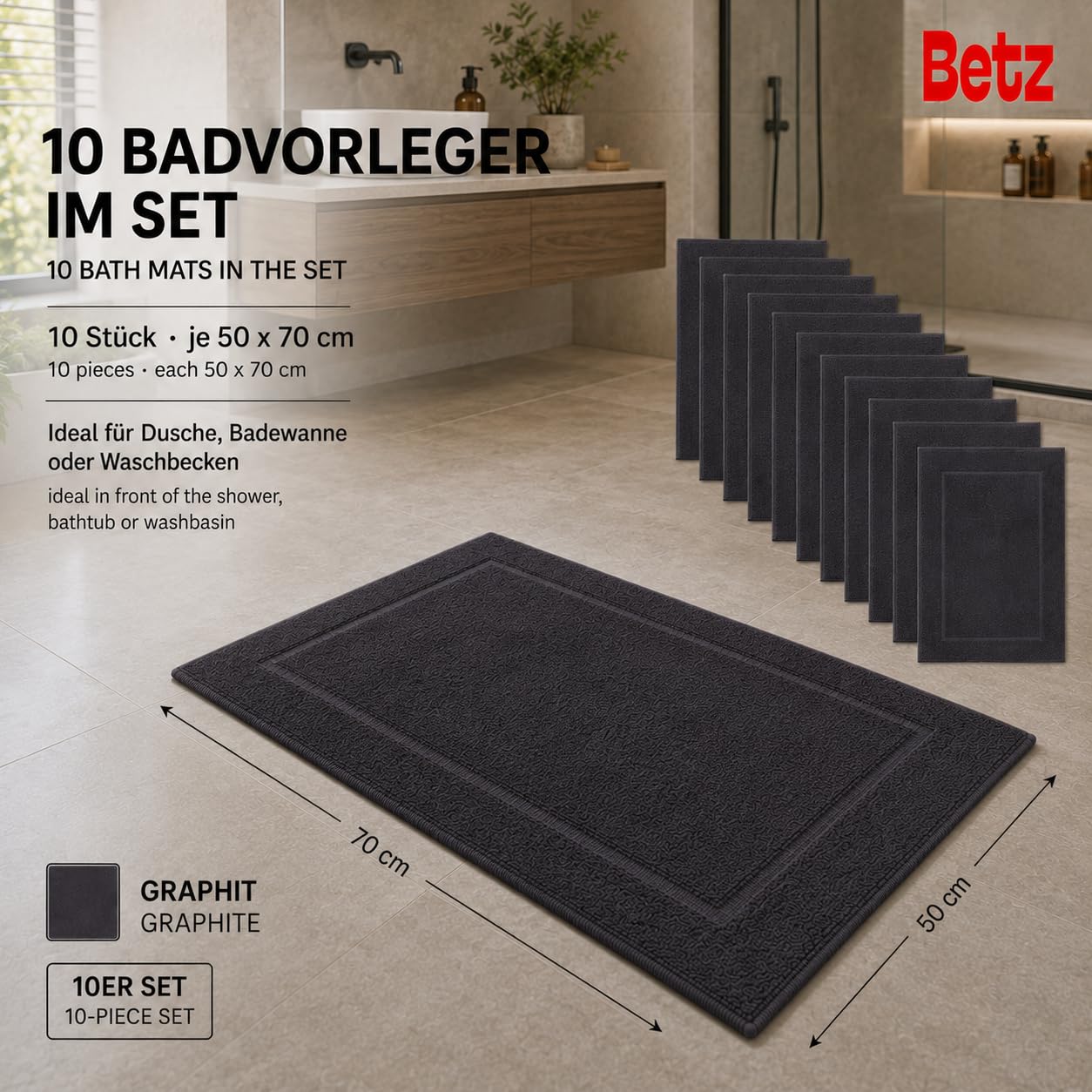 Betz 10 mat łazienkowych rozmiar premium szer. 50 x dł. 70 cm 100% bawełna jakość 650 g/m² kolor grafitowy