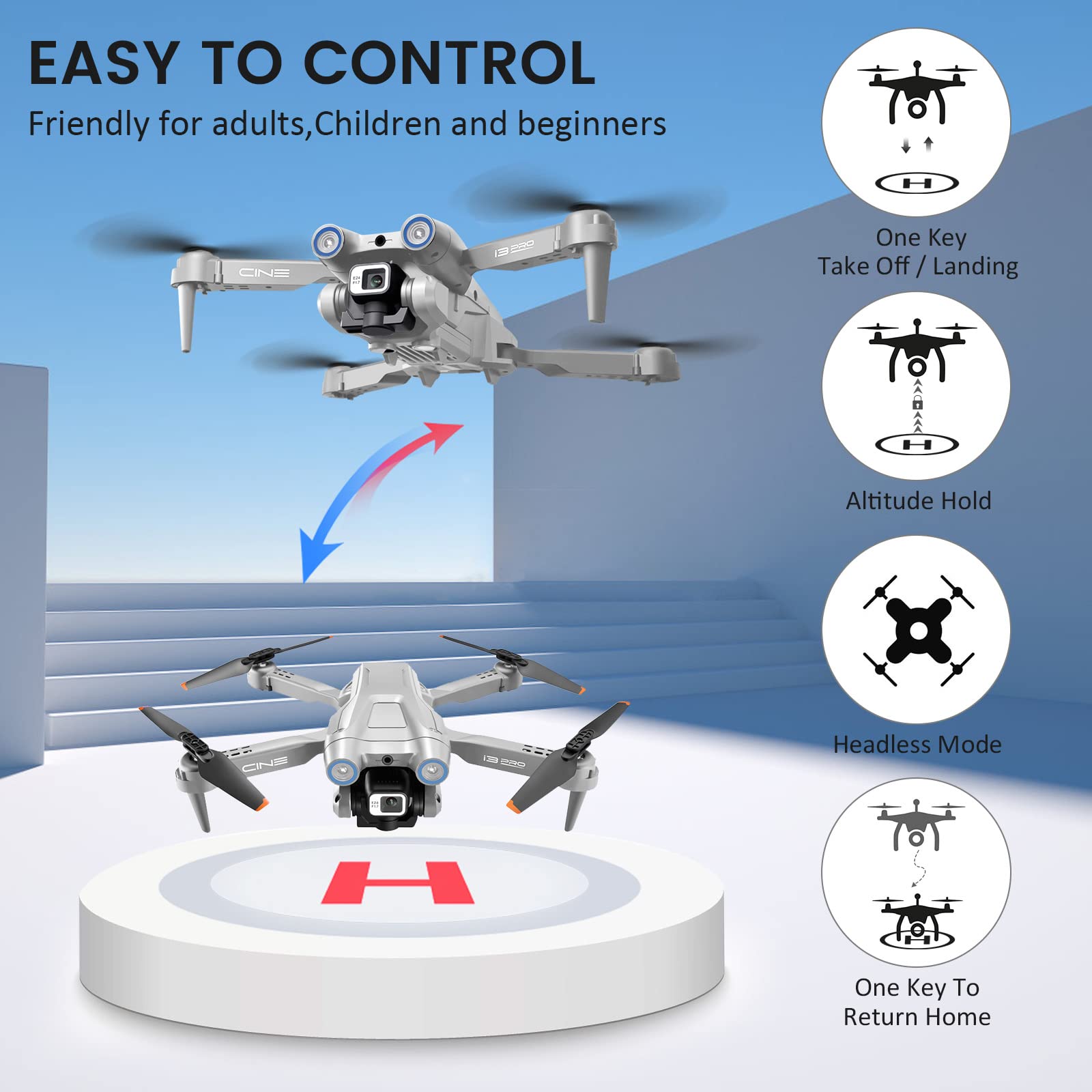 Drone pieghevole con fotocamera per principianti, RC Quadcopter drone con app WIFI FPV Live Video, atteggiamento dell'altezza, modalità headless One-Key, atterraggio per adulti e bambini