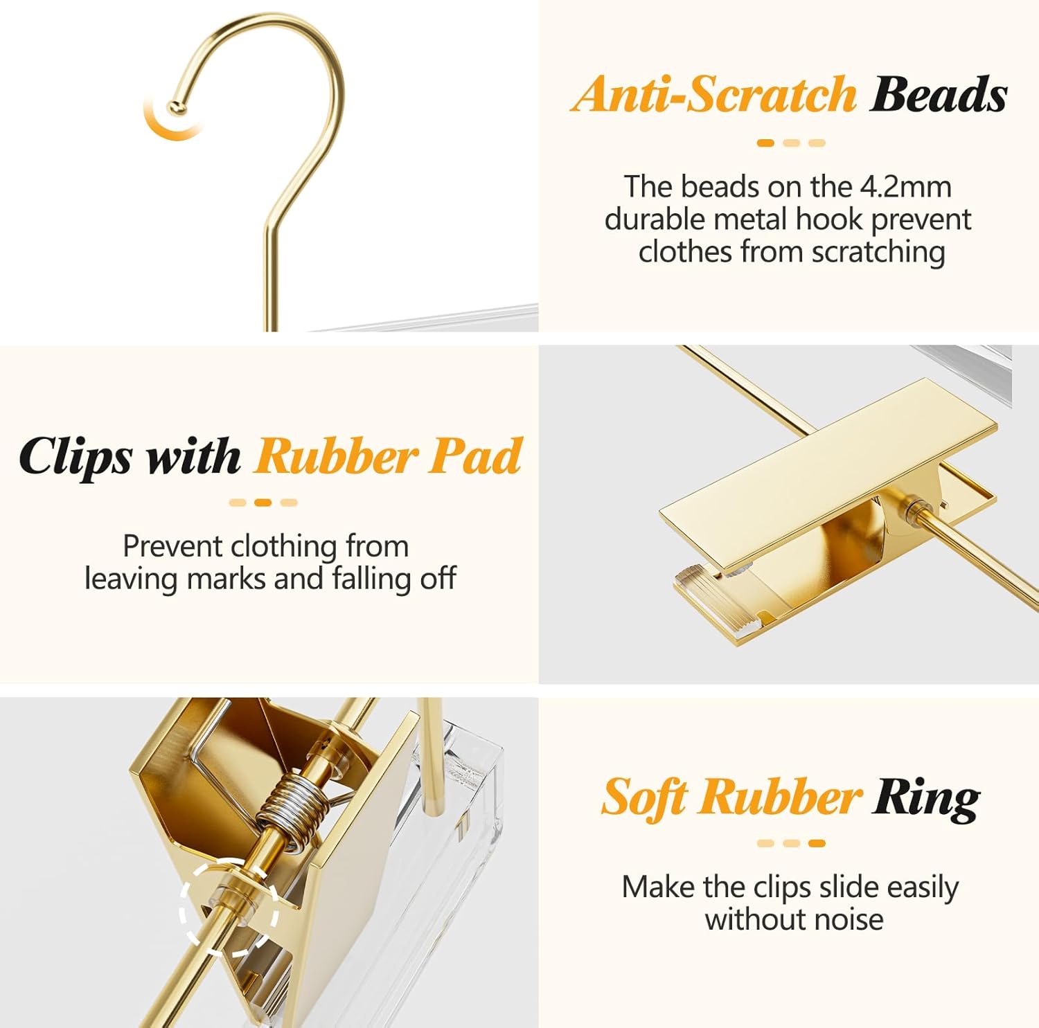 Acrylic Gold Pants Hangers 10 Pack for Trousers, Jeans, Coats, Heavy Duty Skirt Hangers for Women, Space-Saving Clothes Organizer with Non-Slip Adjustable Clips, Adults & Kids