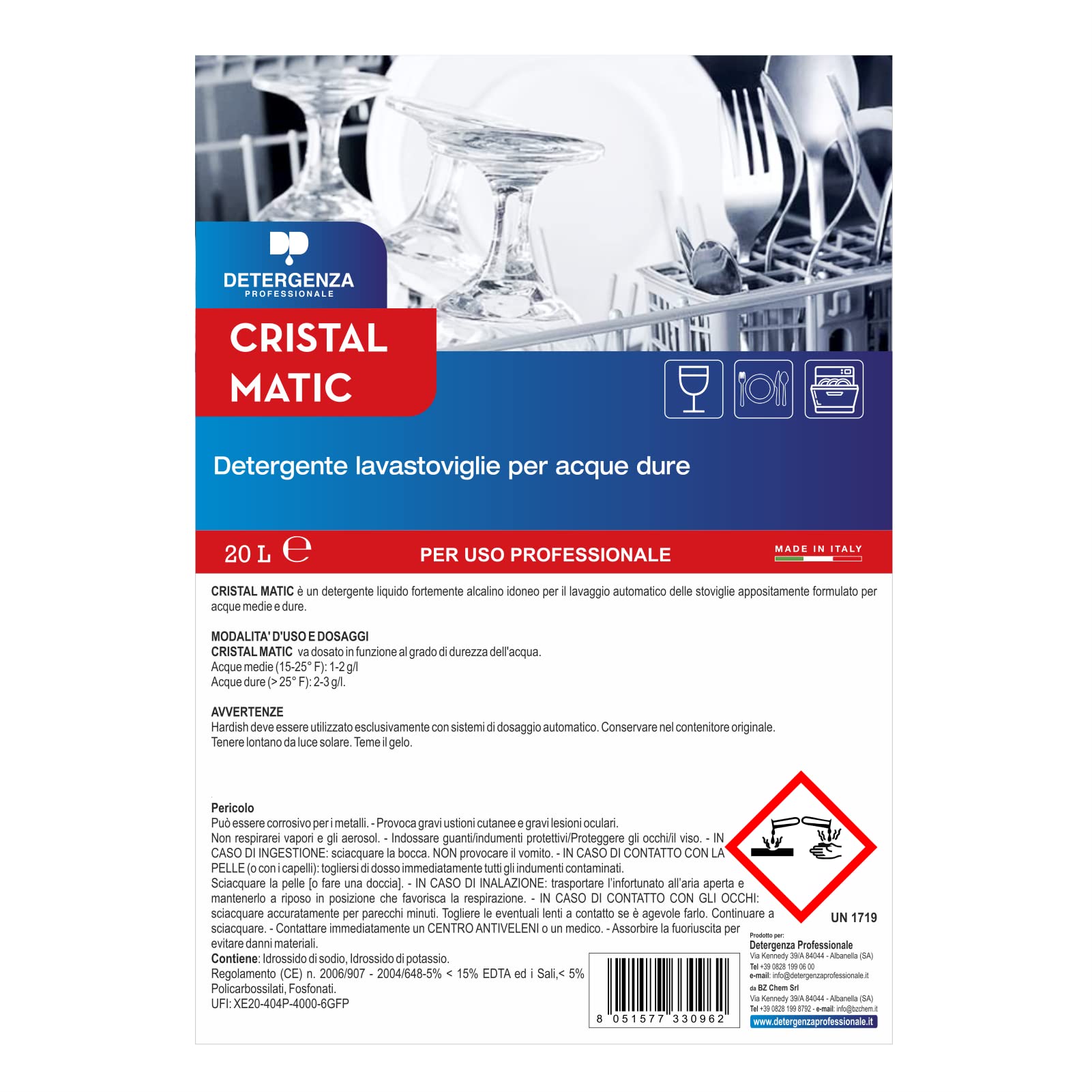 DETERGENTE LAVASTOVIGLIE per ACQUE DURE Cristal MATIC CONCENTRATO - Tanica da 20 L