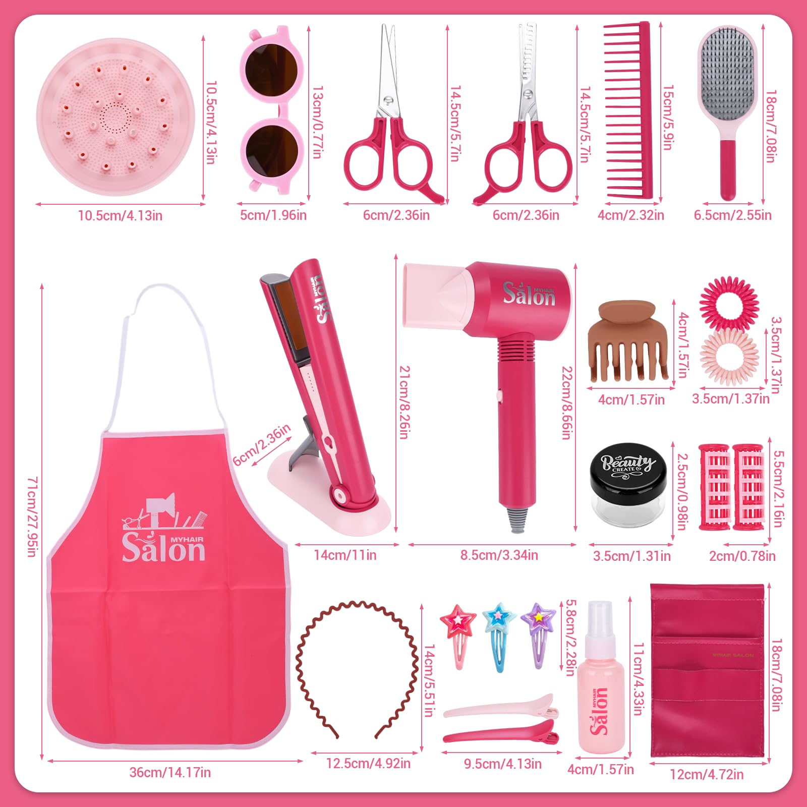 Friseur Set Kinder,Schminke Friseur Beauty Sets,25-teilig Schönheitssalon-Set Modespiel mit Haartrockner,Spiegel,Friseurkoffer Kinder Rollenspielset für Jungen und Mädchen ab 3 Jahren - Rose
