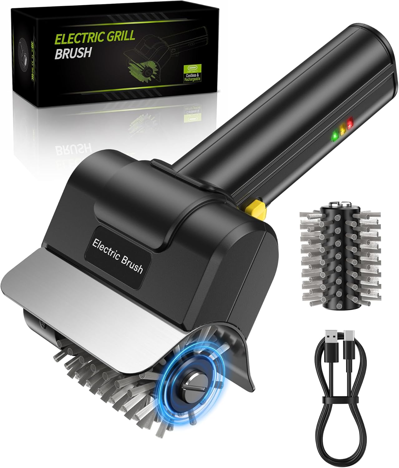 YIGUCordless Electric BBQ Grill Cleaner – Rechargeable Electric BBQ Brush, 1500 RPM, 100-minute runtime, Comes with 1 Removable Replacement Brush Head, Suitable for Outdoor BBQ Grills.