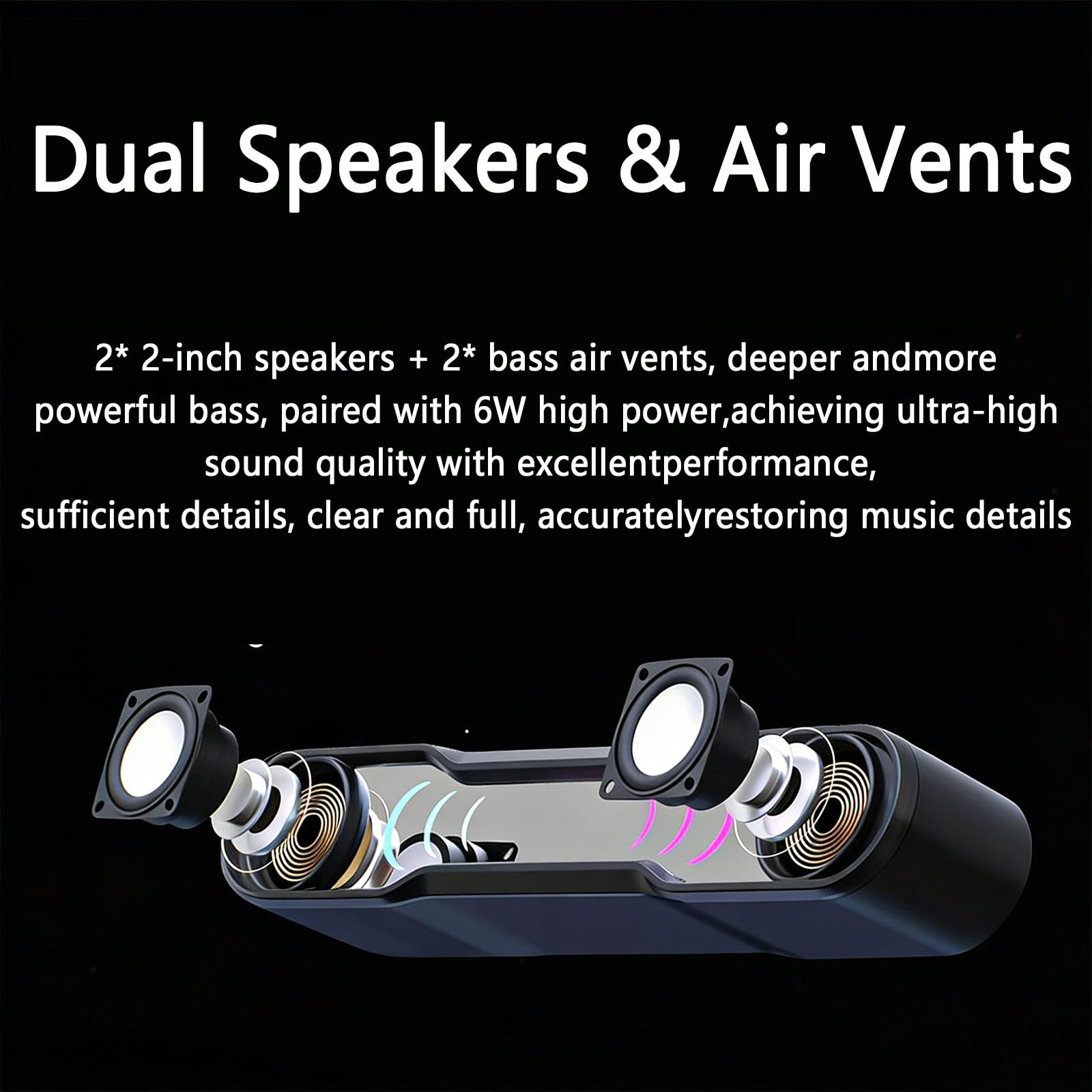 Soundbar Bluetooth, głośnik komputerowy USB, dwukanałowe stereo, oświetlenie RGB, złącze AUX, do komputerów stacjonarnych, laptopów, odtwarzaczy MP4, Plug & Play