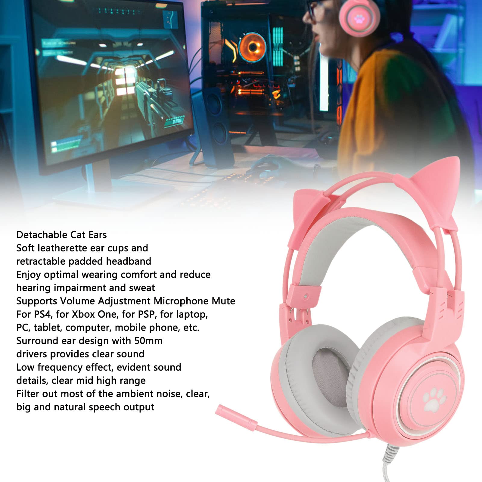 Elprico Cuffie da Gioco, Orecchie di Gatto Staccabili USB + Jack da 3,5 Mm Cuffie da Gioco Supporta la Regolazione del Volume Microfono Muto per per One(Rosa)