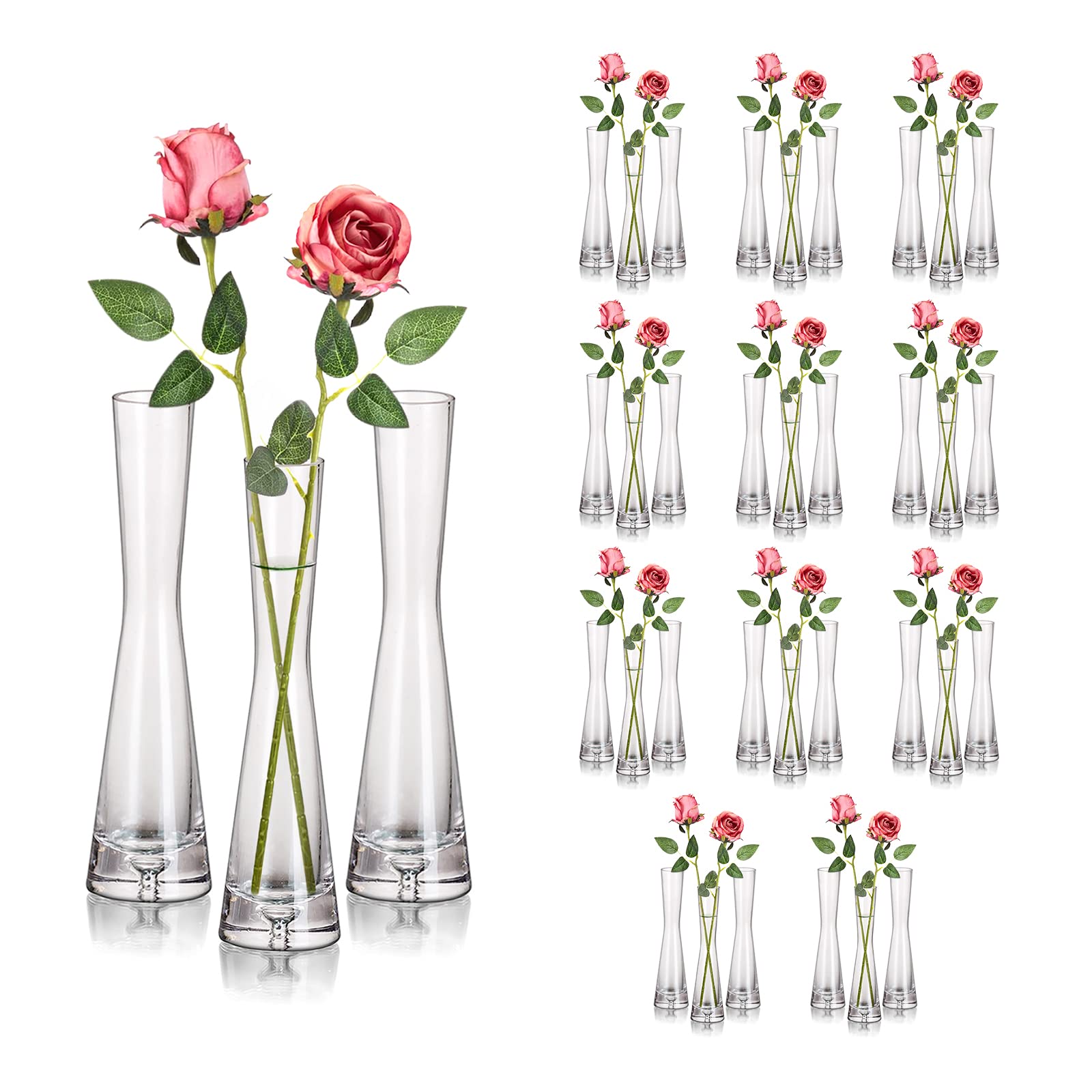 Hewory Glass Bud Vases for Centerpieces Set of 36, Handmade Modern Clear Small Skinny Decorative Single Flower Vase, Minimalist Slim Floral Vase for Home Wedding Party Events Table Decor, 7.87"