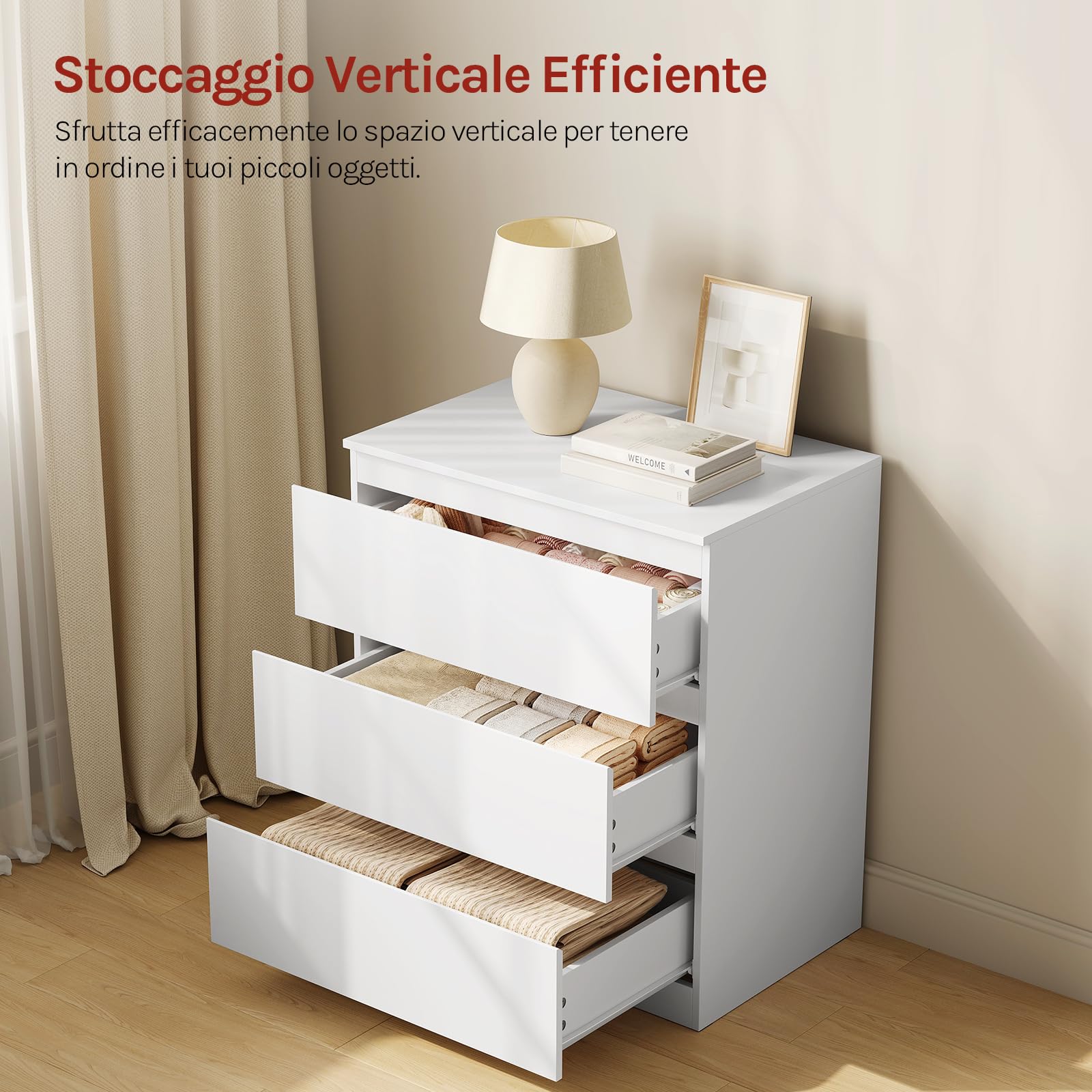 WOLTU Comodino Camera da Letto, Cassettiera Salvaspazio | con 3 Cassetti, per Soggiorno, Corridoio, Studio, Ufficio, in Legno, 60x40x70 cm, Bianco