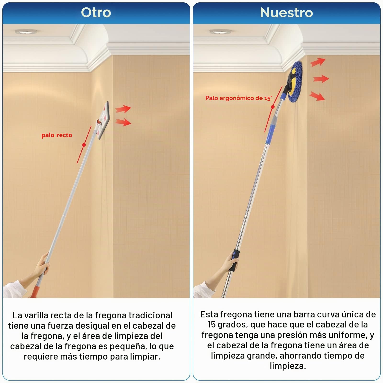 Limpiador de Pared, mopa de Pared máxima de 66 Pulgadas con Mango Largo, mopa de Polvo de Techo con Poste de extensión de Codo de Ahorro de Mano de Obra de 15°, Limpiador de limpiaparabrisas de