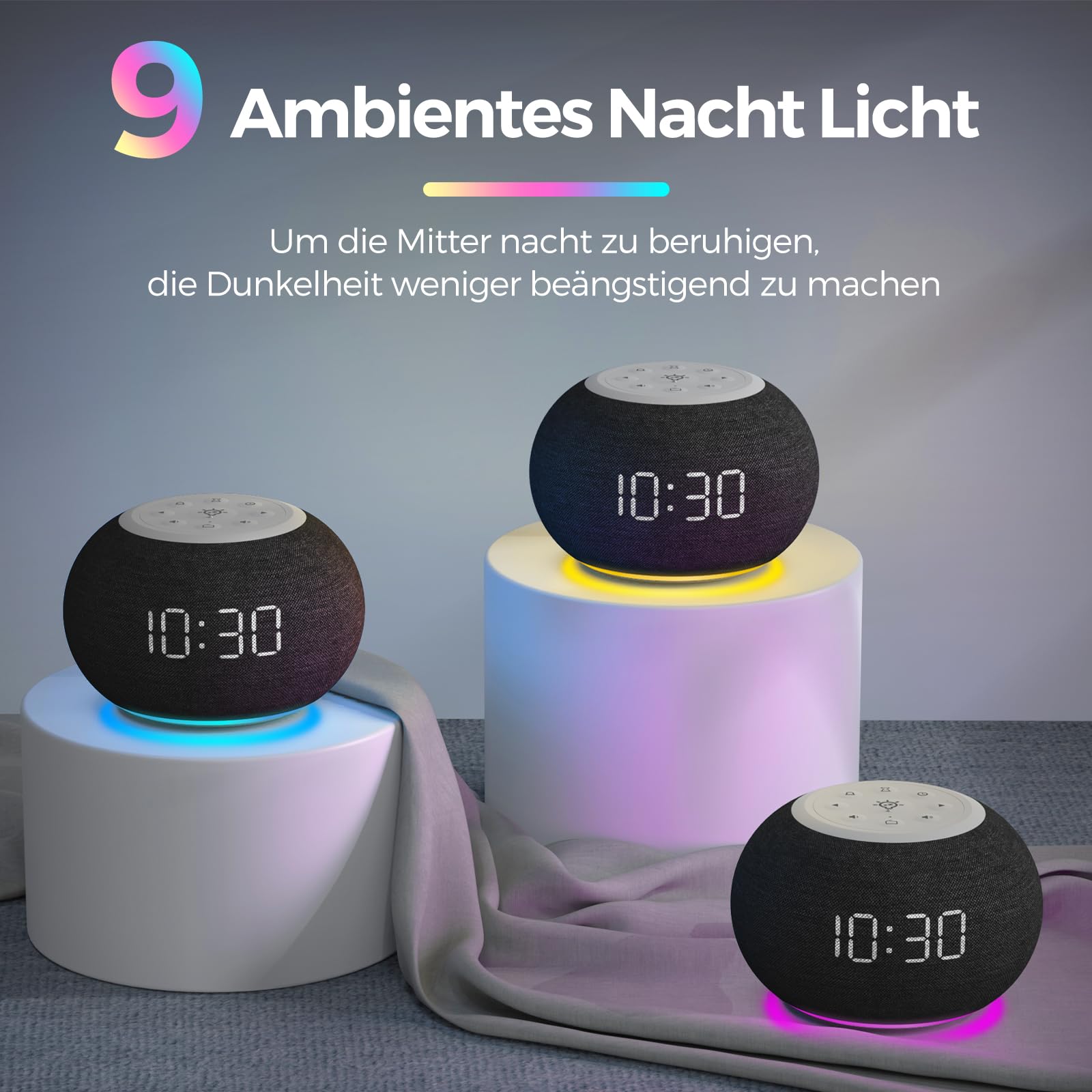 Reacher Réveil Radio à Gradation Automatique pour la Chambre - Veilleuse 9 Couleurs, gradateur 0-100%, 7 sonneries d'alarme, Radio FM, minuterie d'arrêt Automatique