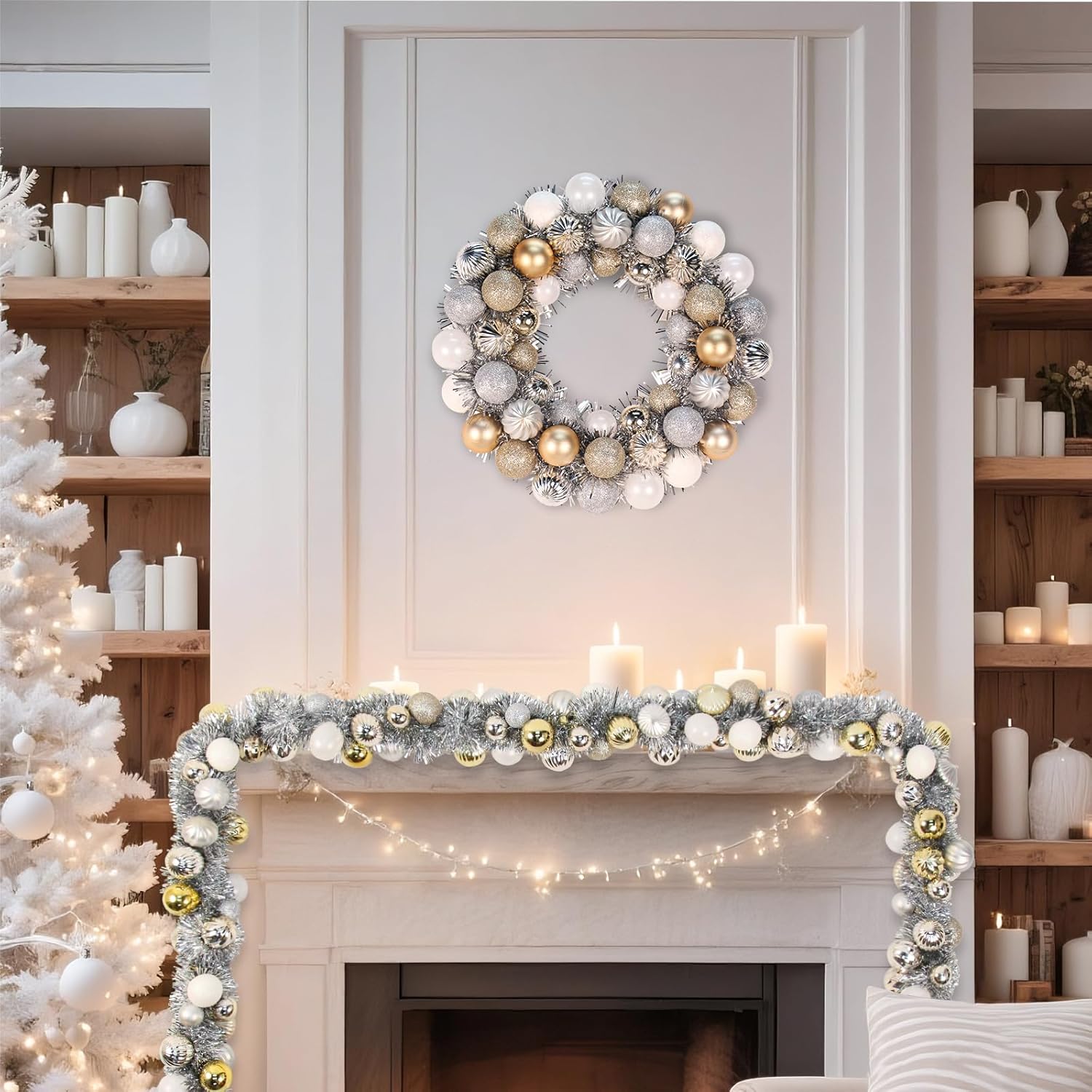 6FT Shimmering Ball Garland – Elegant Gold, Silver & Pearl White Glitter Ornaments – All-Season Modern Decorative Swag for Mantel, Mirror, and Living Room Decor