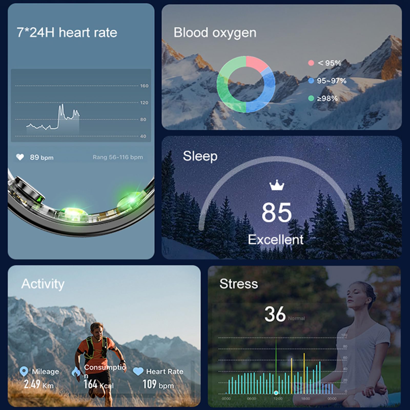findtime Bague intelligente Android avec moniteur de fréquence cardiaque, podomètre, bague intelligente iOS, tracker de fitness, compteur de calories, bagues intelligentes pour homme et femme