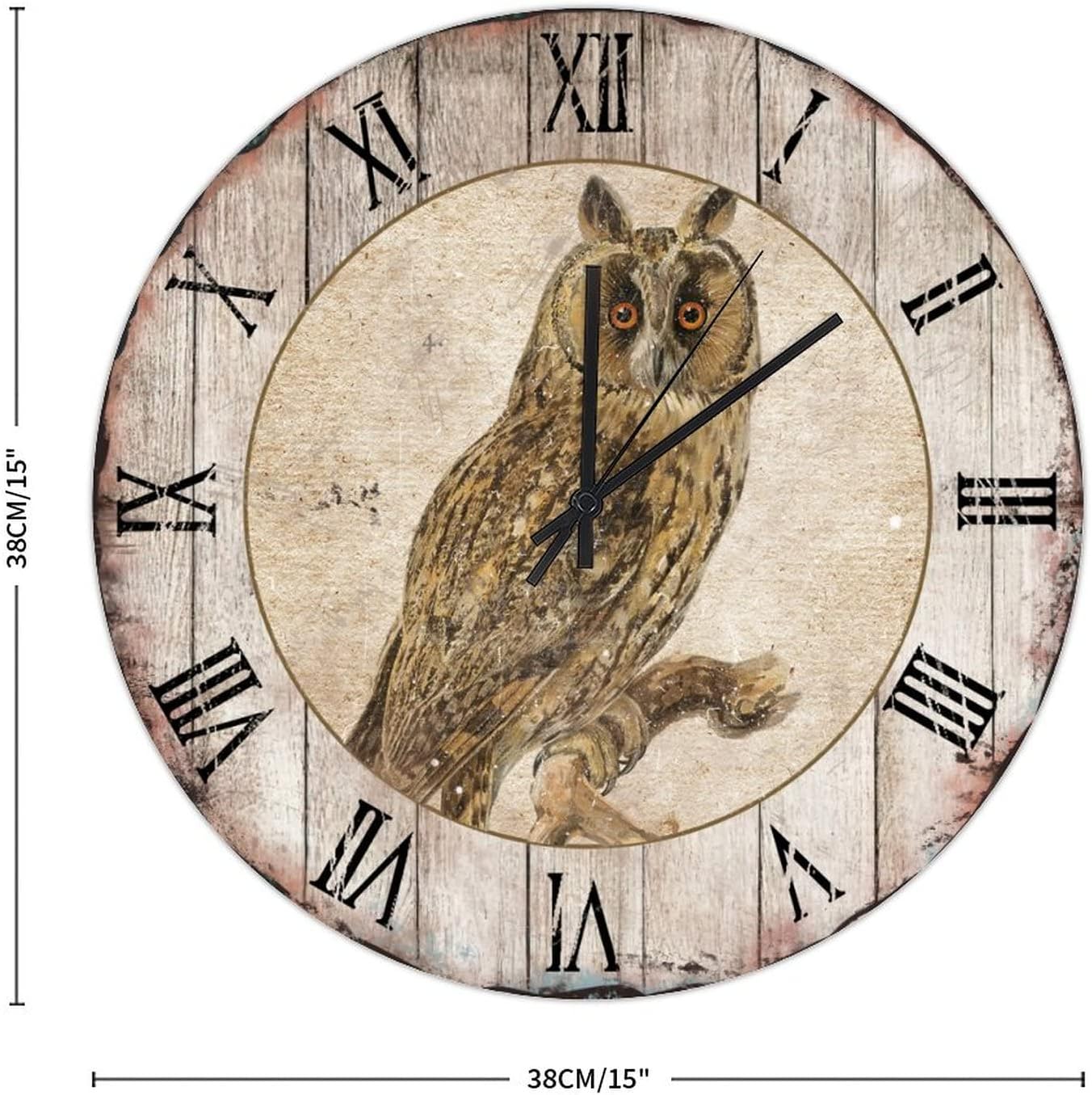 15in Hanging Clock Owl Standing on Branch Wooden Clock Vintage Wood Grain Country Style Non-Ticking Sweep Battery Operated Rustic Novelty Home Accessories for Home Dining Room School Patio image 2