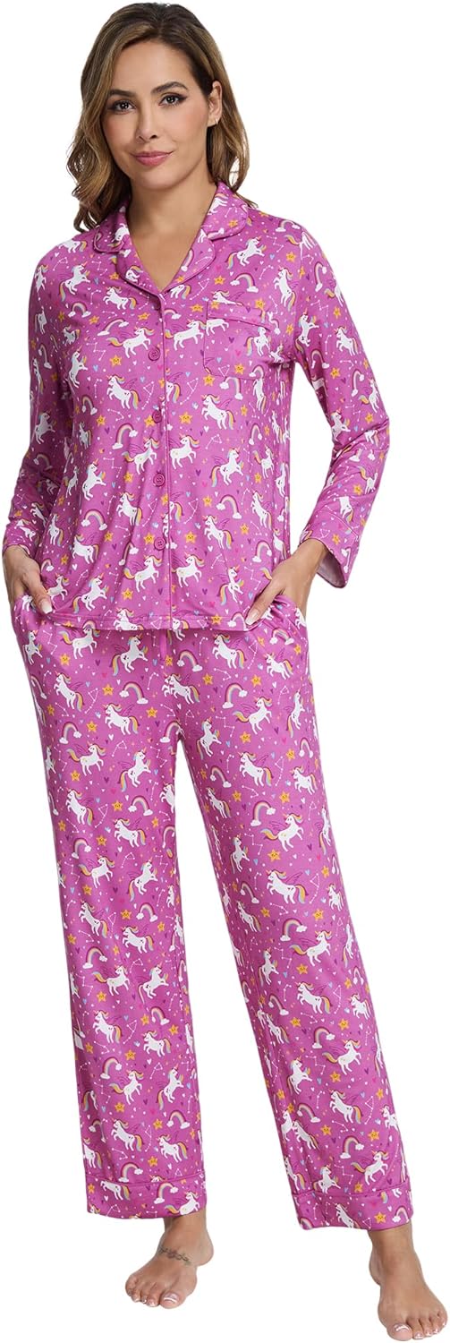 Viscose from Bamboo Pajamas Set for Women Soft Button Down Sleepwear Pj Lightweight Lounge Sets with Pockets S-XXL