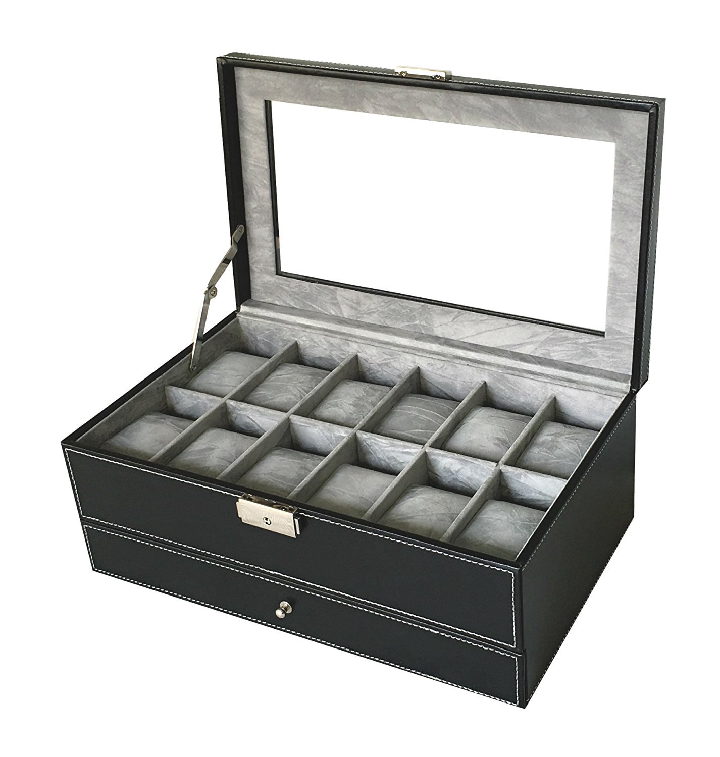 Sodynee Watch Box Large 12 Mens Black Pu Leather Display Glass Top with Jewelry Box Case Organizer Tray