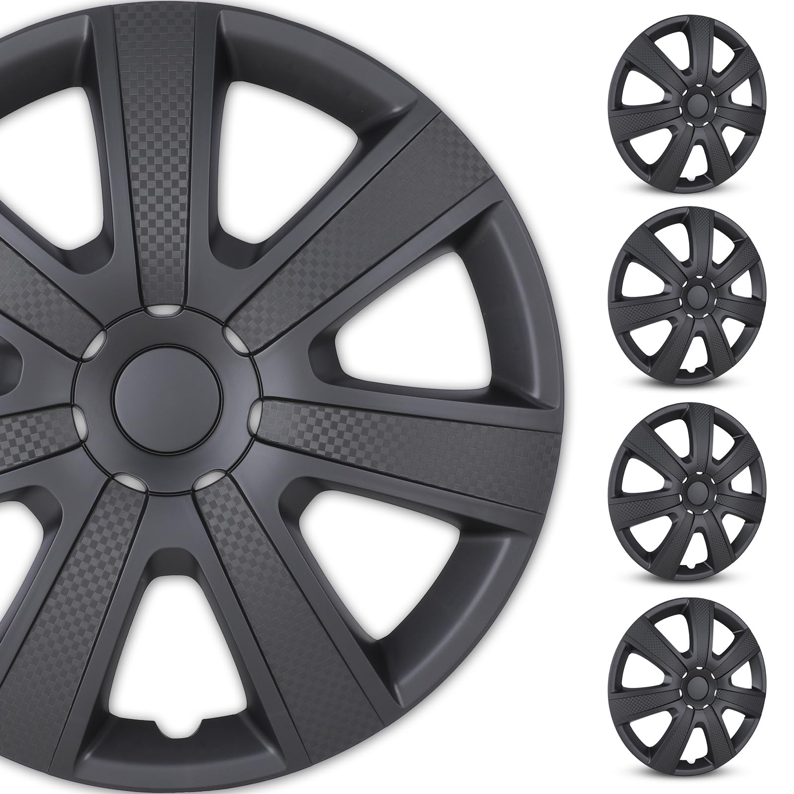WOLFSTORM 15 Inch Wheel Hubcaps Cover,Snap-on Fashion Shape Replacement Rim Cover Hubcaps,Car SUV Wheel Hub Accessories, 4-Pack(Matte Black Texture)