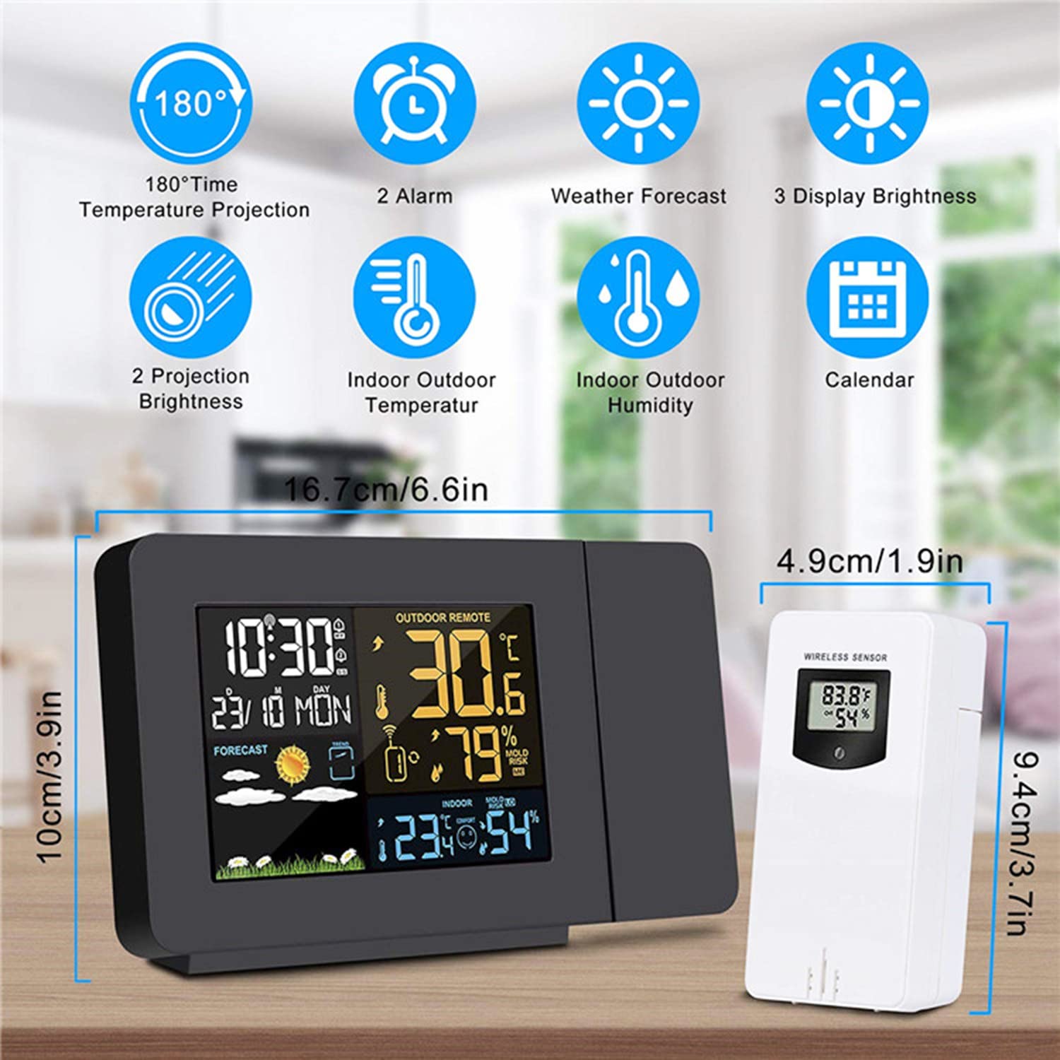 UIBAO Orologio Sveglia Con Proiettore Soffitto – Doppio Allarme, Display Data/Ora/Temperatura/Umidità, Sensore Esterno, Dimmerabile, 12/24H