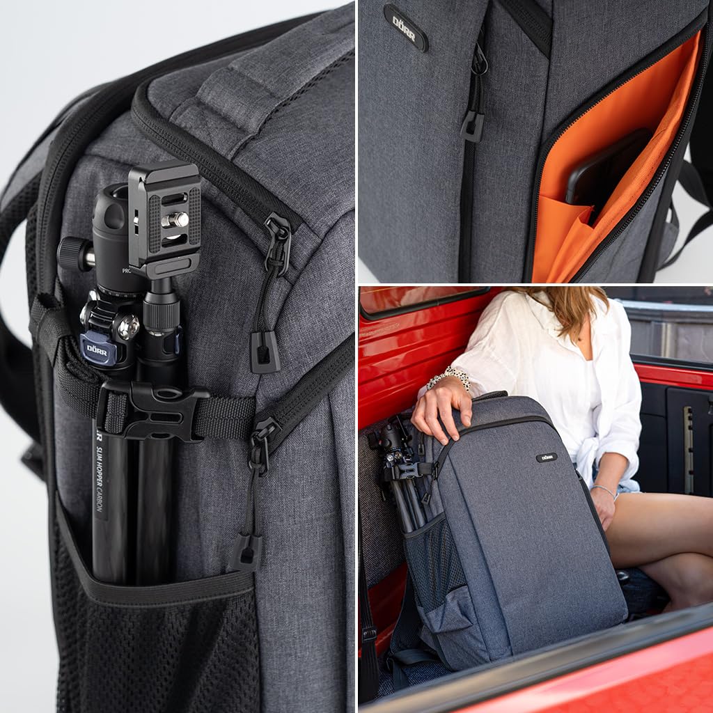DÖRR Praga Go - Mochila para cámara réflex digital, resistente al agua, compartimento para portátil de 16 pulgadas, división interior flexible, 16 l, ligera, soporte para trípode, funda para lluvia