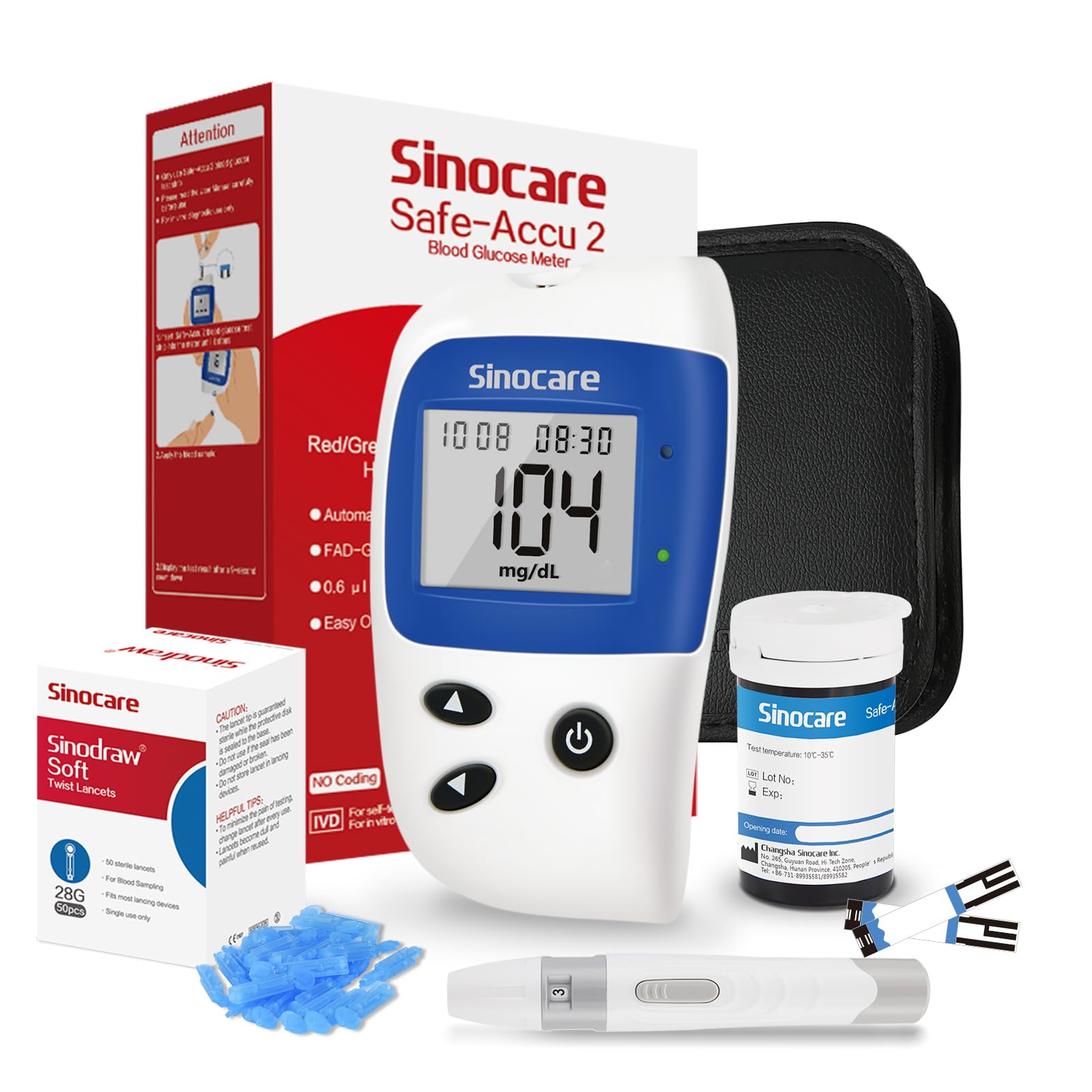 sinocare Blood Glucose Meter, Glucometer, Kit of 25 Test Strips for Blood Glucose Test (Safe-Accu2) ClimatePartner certified