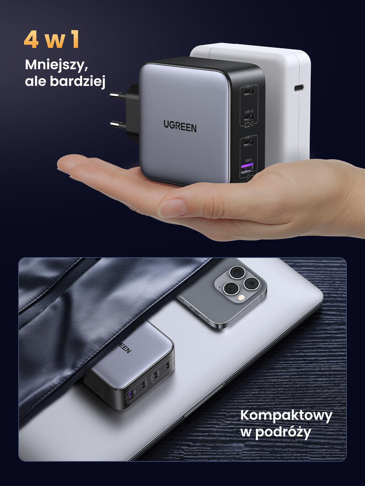 UGREEN Nexode Ładowarka 100 W USB-C, 4 porty, ładowarka GaN, ładowarka do laptopa
