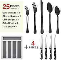 Vista 2 de E-far Juego de cubiertos negros de 24 piezas con cuchillos para carne y bandeja organizadora, cubiertos de acero inoxidable para 4, utensilios