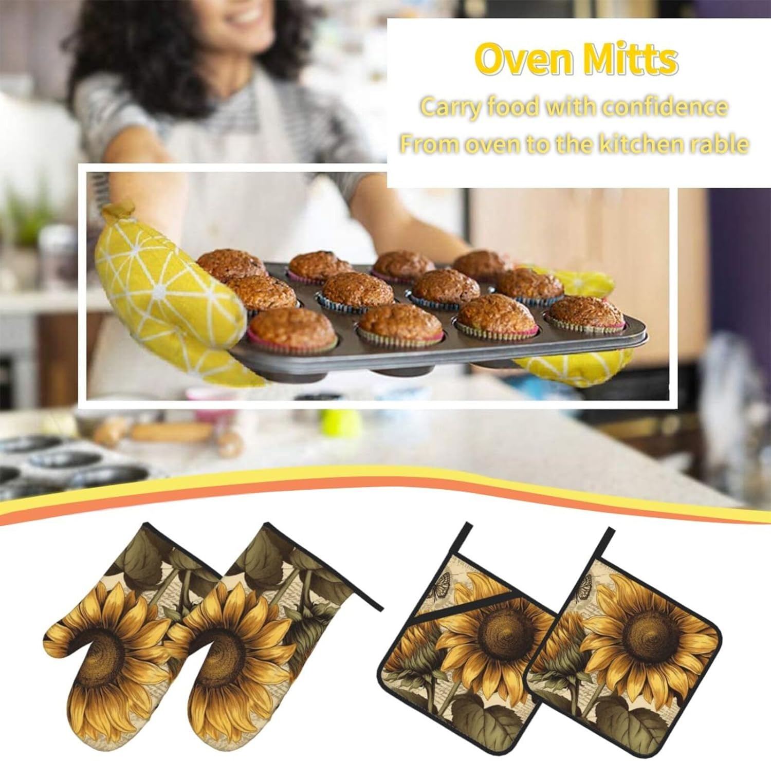 4 pcs Oven Mitts and Pot Holders Set Retro Sunflower Oven Mitt Heat Resistant Oven Gloves for Cooking Non-Slip Hot Pads Washable Cooking Gloves for Baking BBQ Microwave