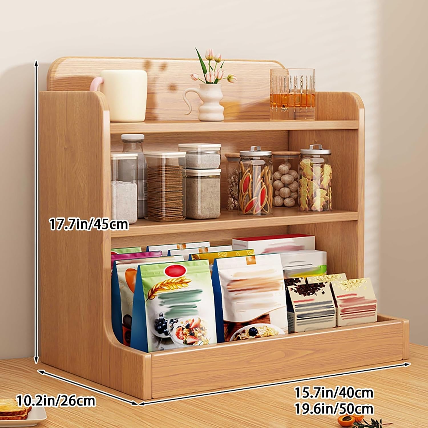 Organizador de madera para encimera y estante de almacenamiento, estante de despensa de 3 niveles, soporte para tazas de café para cocina, sala de estar, dormitorio, oficina