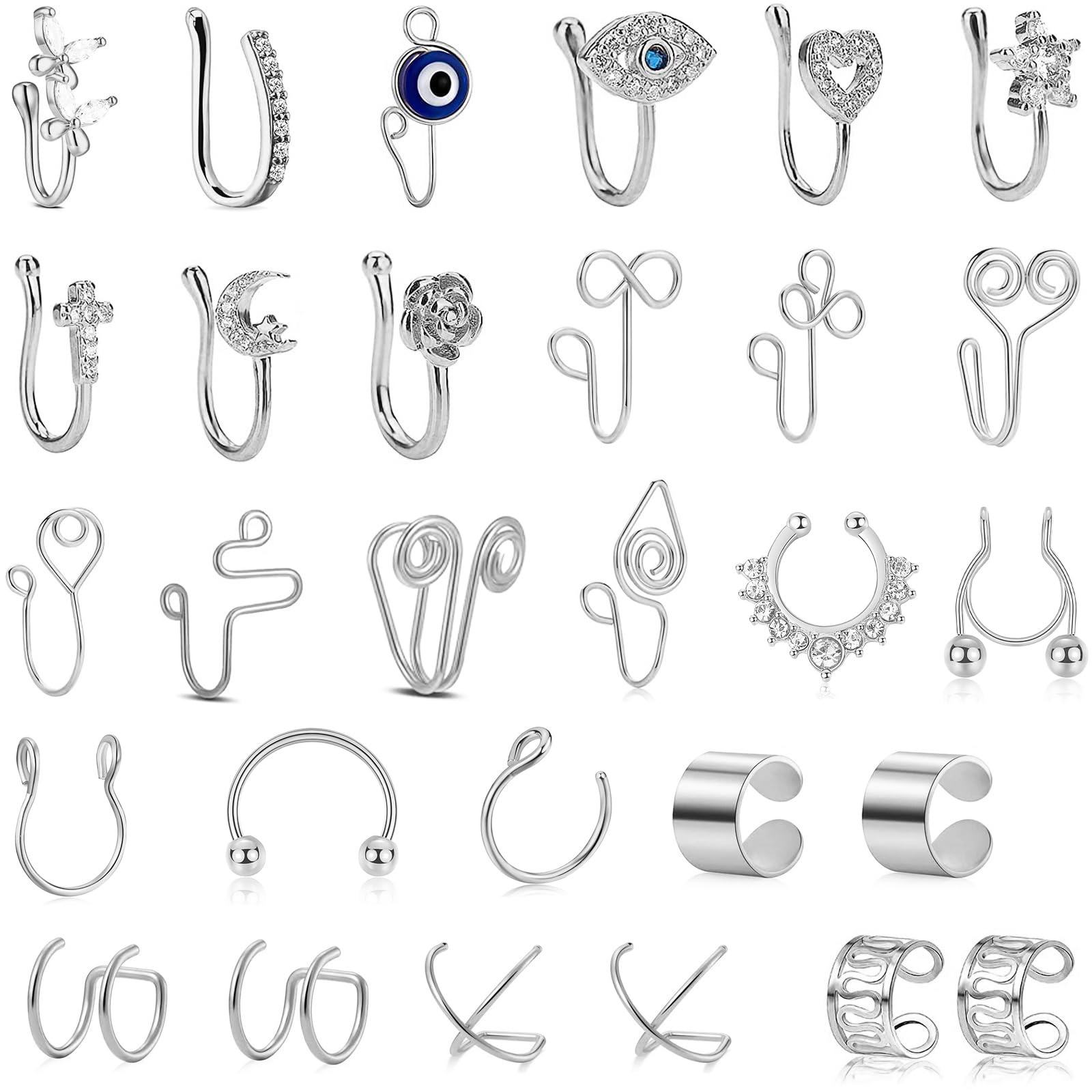KWUNCCI29 Pcs Fake Septum Fake Nose Ring Hoop Gold Silver for Women, Fake Nose Piercing African Nose Cuff, Non Pierced Nose Jewelry, Clip On Nose Ring, Gold Silver Ear Cuff Earrings for Women