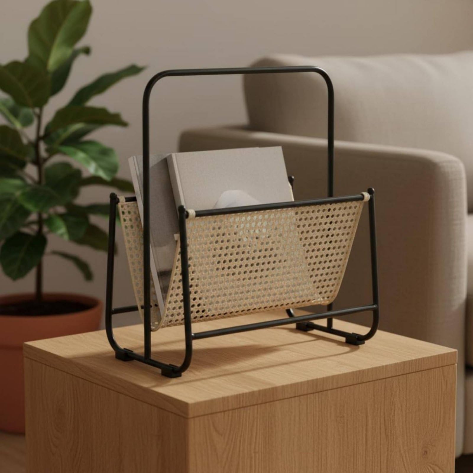 Revistero de Hierro Revistero Soporte Organizador Porta Revistas con Acabado Horneado Antióxido y Asa Redondeada para Transporte Apto para Hogar Estudio , Estilo Cuadrado