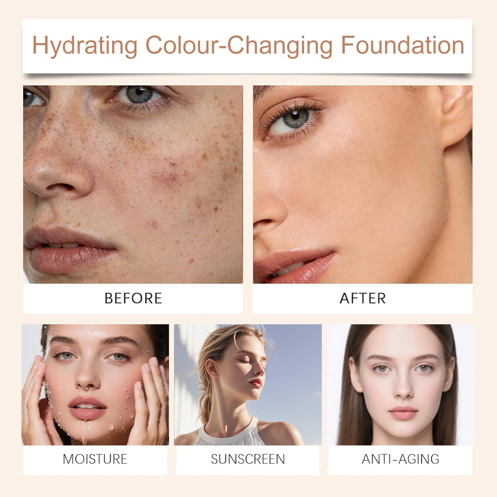 Base De Maquillaje Que Cambia De Color SPF 50+ Base Que Cambia de Color Antiedad Hidratante Larga Duración y Resistente al Agua